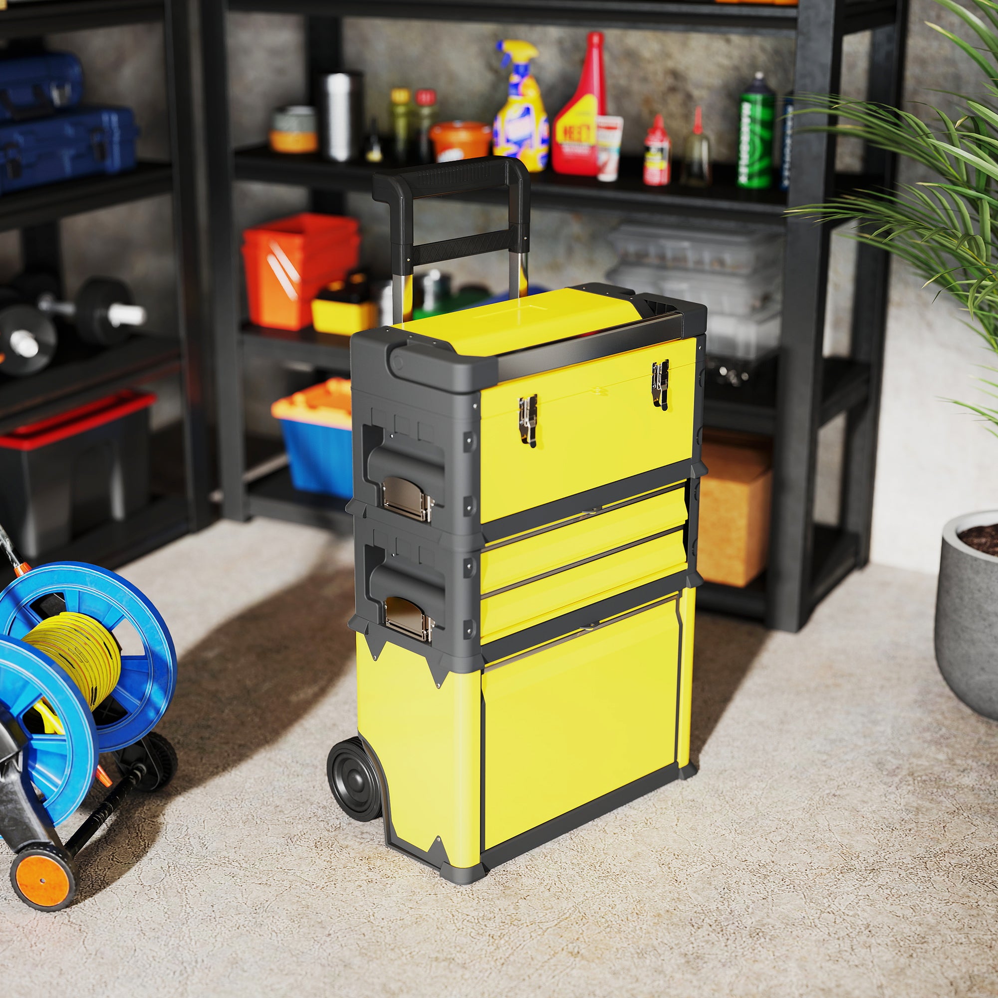HOMCOM 3-in-1 Stackable Rolling Tool Box - Yellow