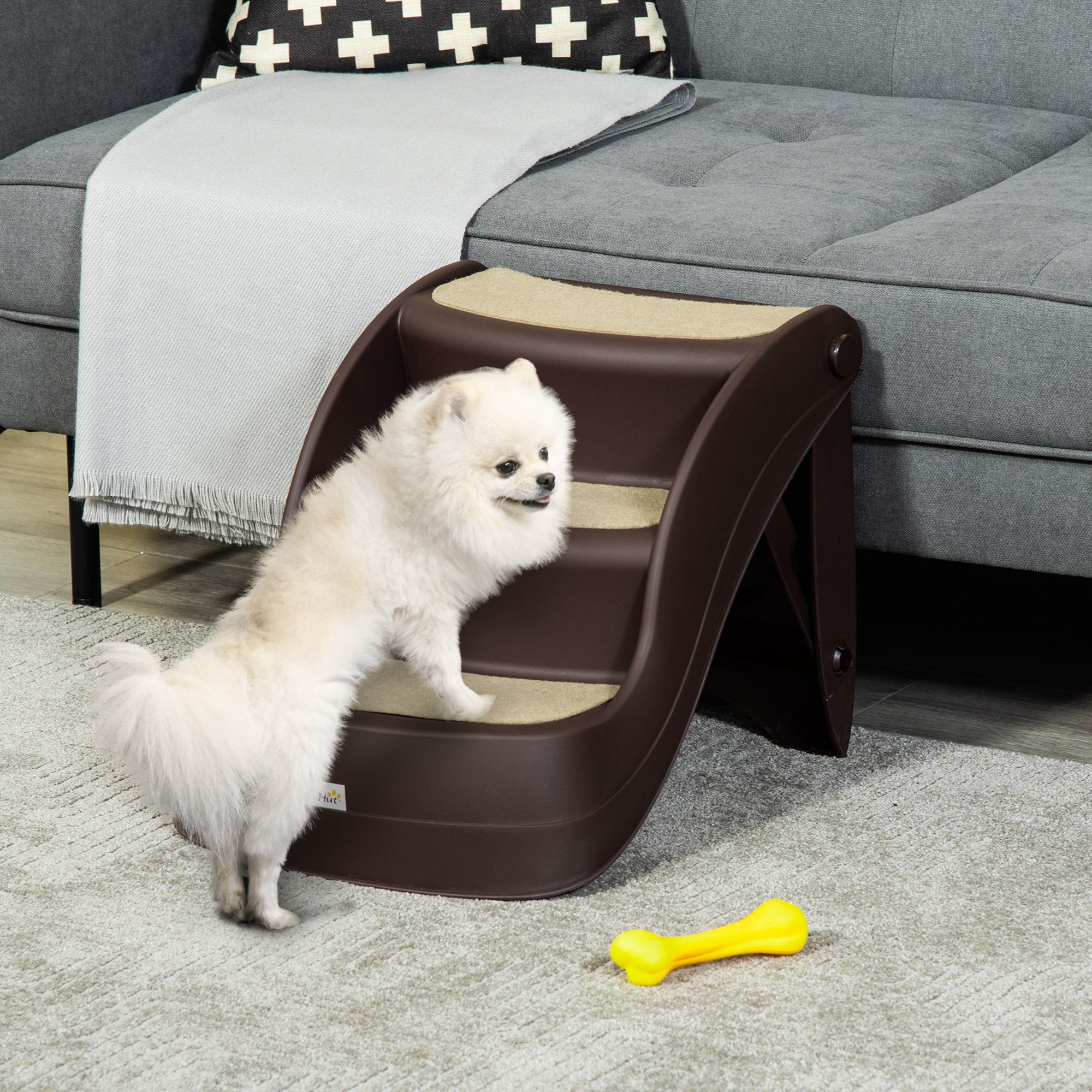 PawHut Foldable Pet Stairs Portable Dog Steps 3-Step Design with Non-slip Mats for High Beds, Sofas, 49 x 38 x 38 cm, Brown