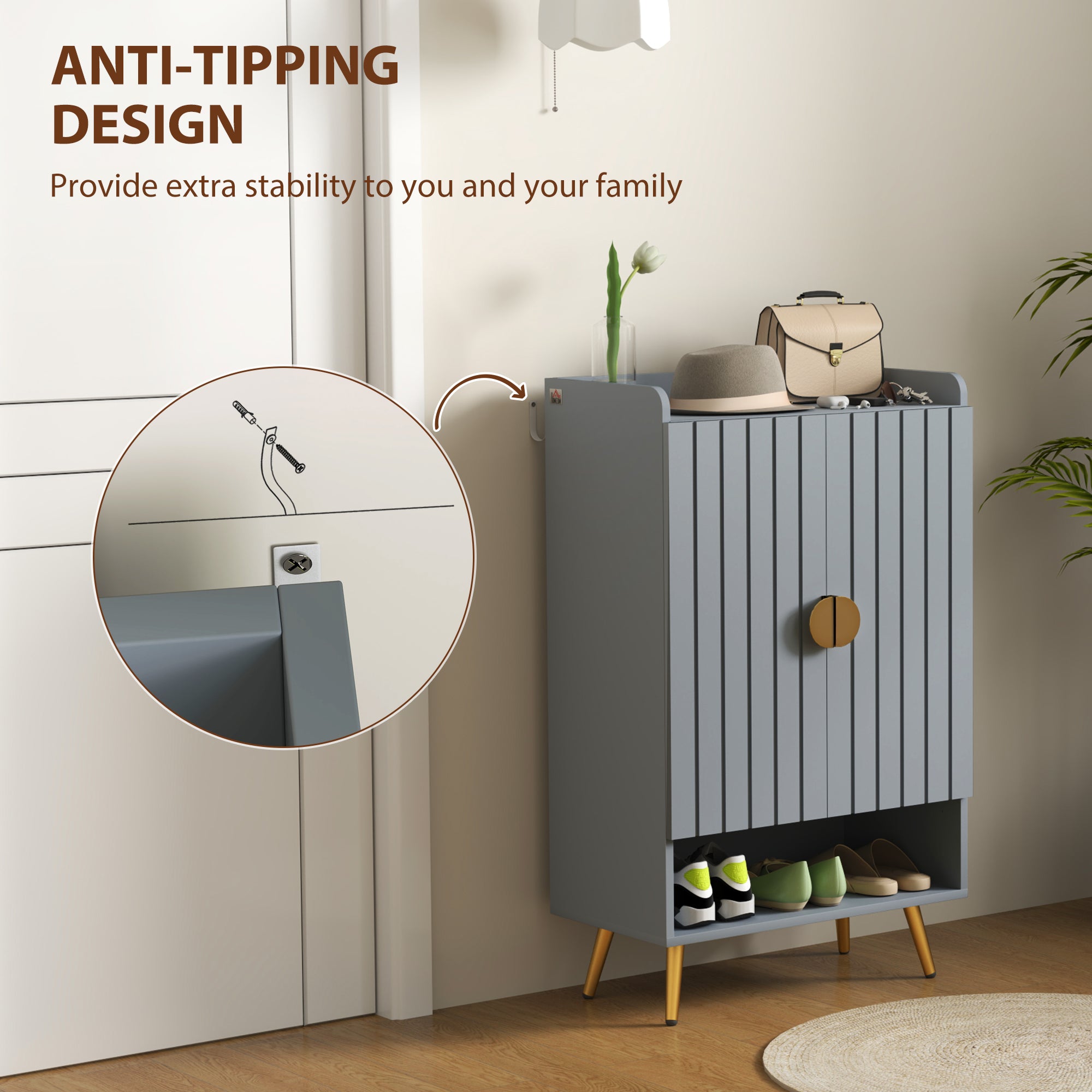 HOMCOM Modern Shoe Cabinet with 2 Doors, Open Shelf and Adjustable Shelves, 15 Pair Hallway Shoe Cupboard, Entryway Storage Unit, Light Grey