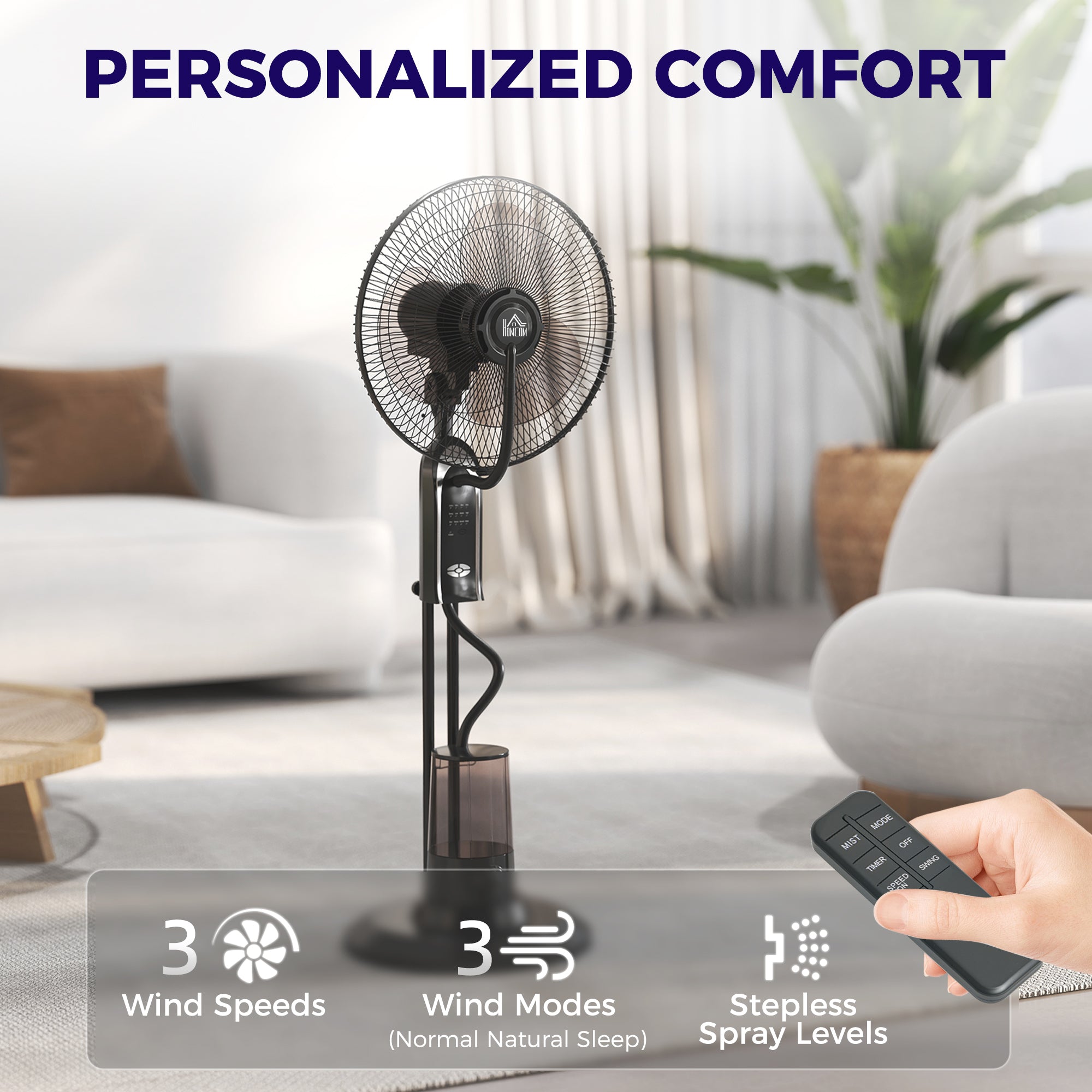 HOMCOM Pedestal Fan with Water Mist Spray, Spray Misting Fan with 70√Ç¬∞ Oscillation, Tilt Head, 3 Speeds, 3 Modes, Adjustable Mist, 3.2L Water Tank, for Home, 120 cm