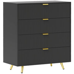 Black dresser with gold legs and handles on a white background