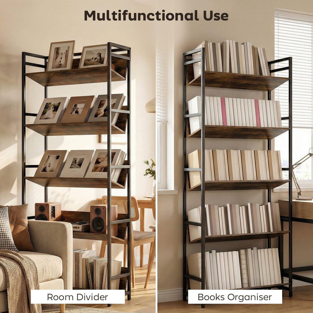 HOMCOM Bookshelf 5-Tier Metal Frame Room Divider Bookcase Storage Shelves for Living Room Rustic Brown