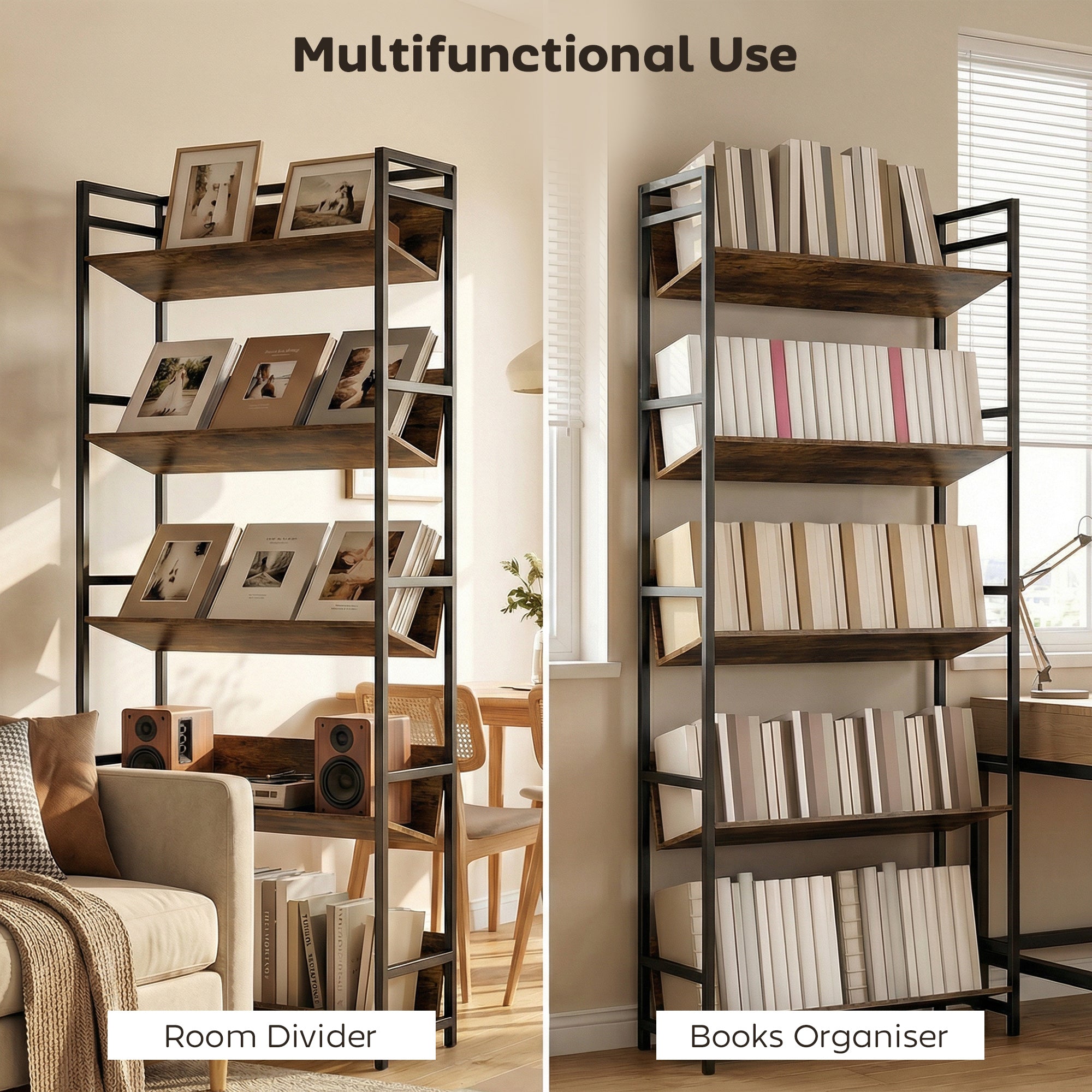 HOMCOM Bookshelf 5-Tier Metal Frame Room Divider Bookcase Storage Shelves for Living Room Rustic Brown