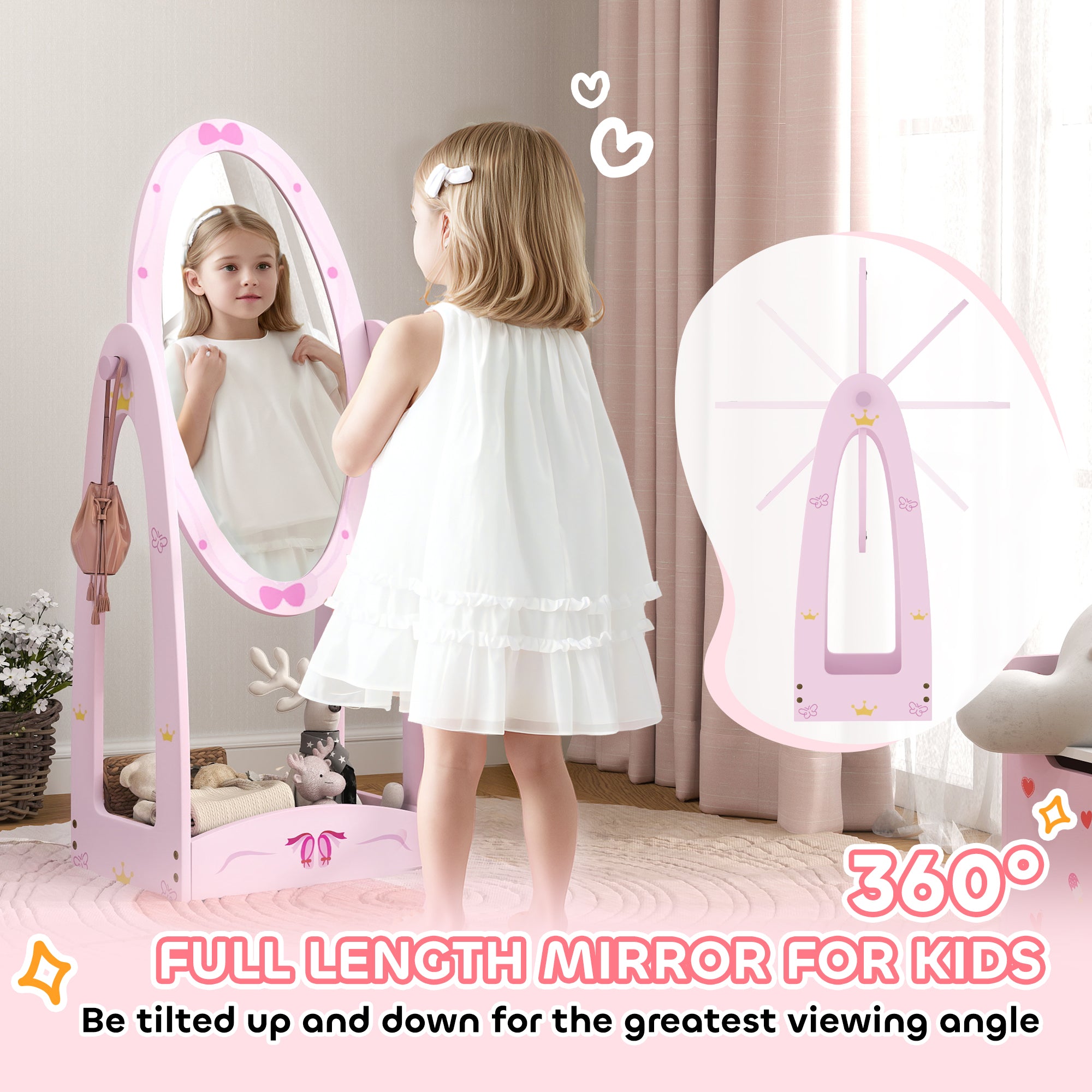 AIYAPLAY Kids Clothes Rail, Kids Dressing Mirror with 360√Ç¬∞ Rotating, 2 Piece Kids Furniture Set with Storage Shelves, Pink