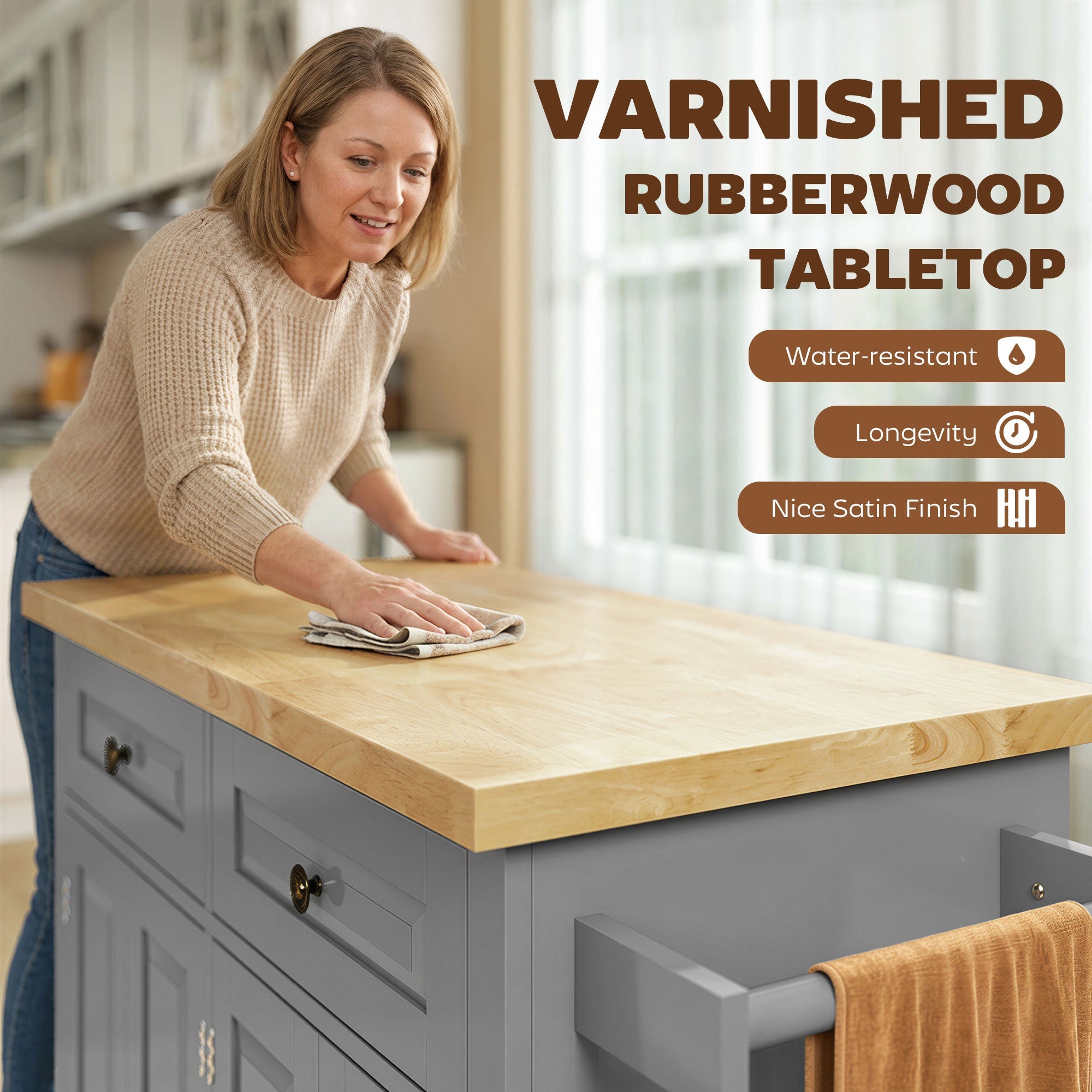 HOMCOM Rolling Kitchen Island Storage Trolley with Rubber Wood Top & Drawers for Dining Room, Grey