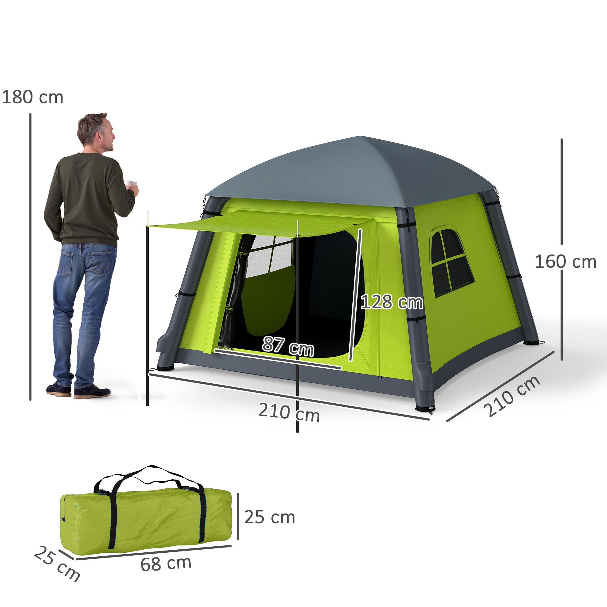 Outsunny Inflatable Camping Tent w/ Hand Pump, Easy Setup 1/2 Person Blow Up Tent Waterproof 190T Taffeta w/ Mesh Windows, Doors and Carry Bag, Green
