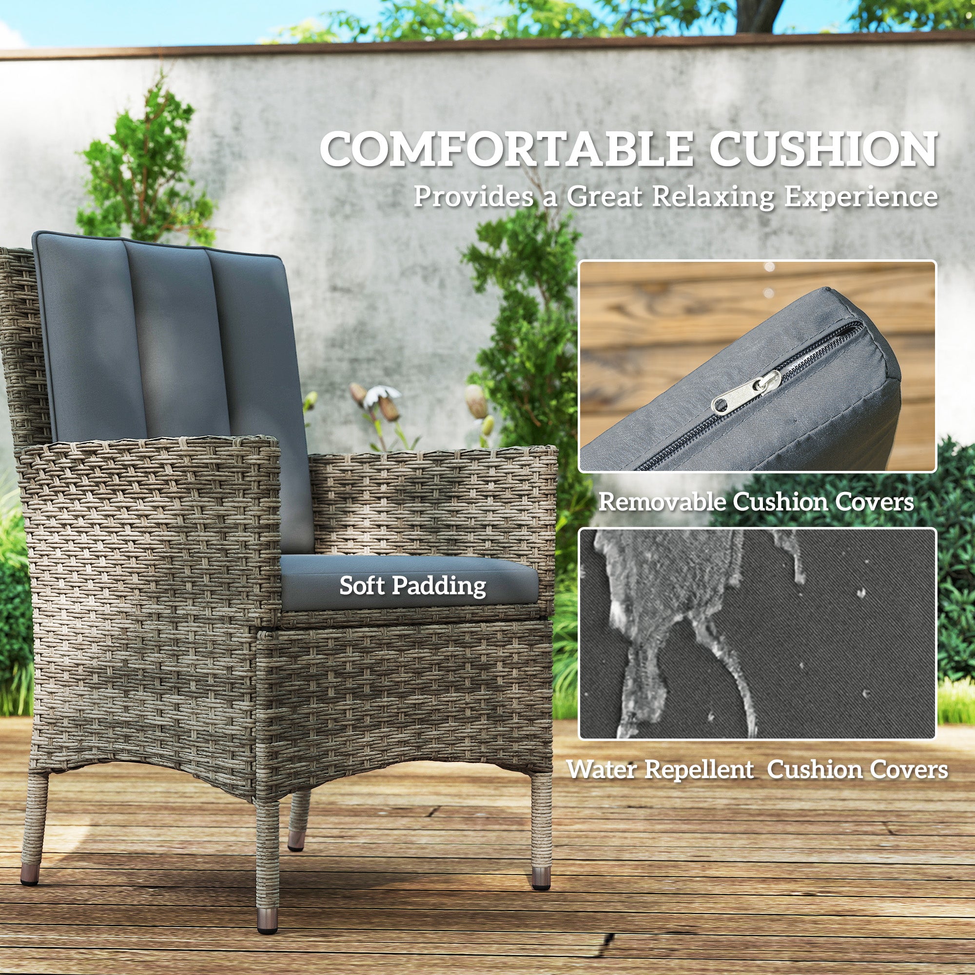 Outsunny Seven-Piece Rattan Dining Table, with Round Glass-Top Table - Light Grey