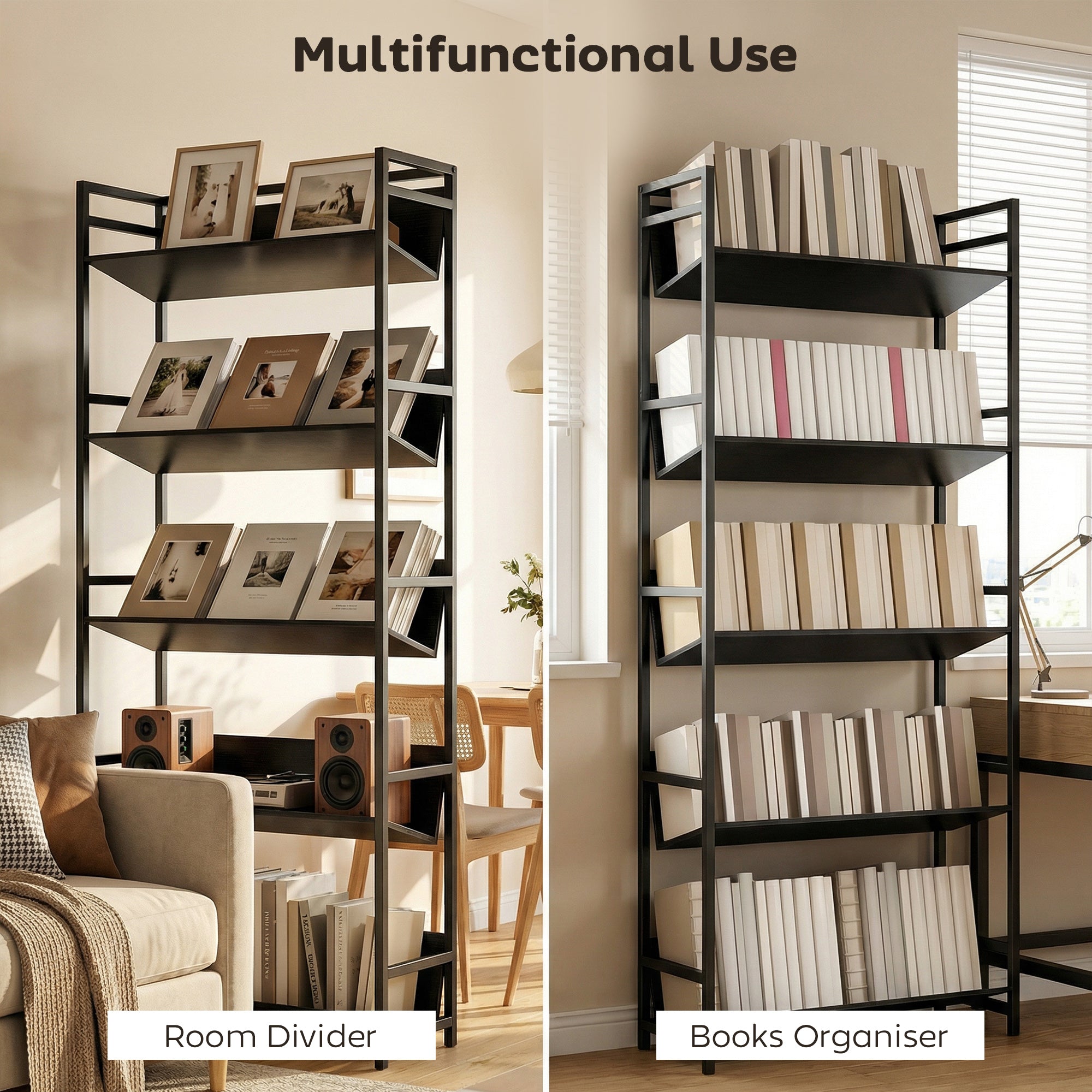 HOMCOM Bookshelf 5-Tier Metal Frame Room Divider Bookcase Storage Shelves for Living Room Black