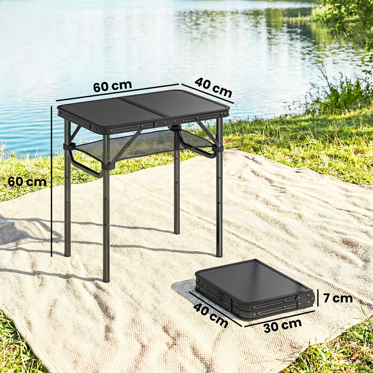 Outsunny 2ft Folding Camping Table, Picnic Table with Mesh Storage Layer, 4 Adjustable Heights and Carrying Handle, Black