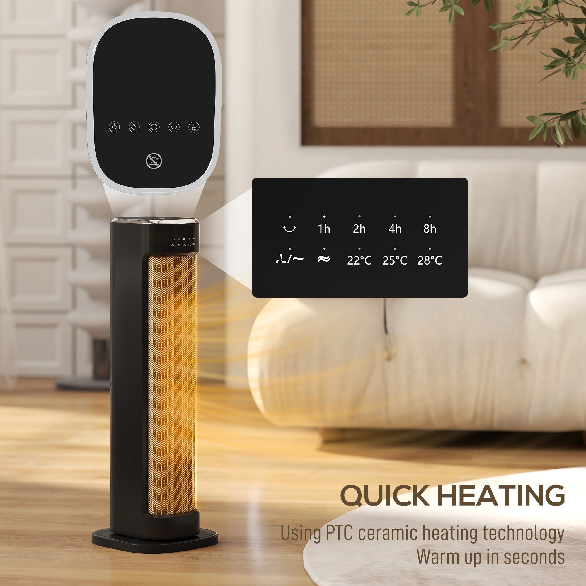 HOMCOM 2000W Ceramic Electric Heater with 3 Heat Settings, Timer - Black