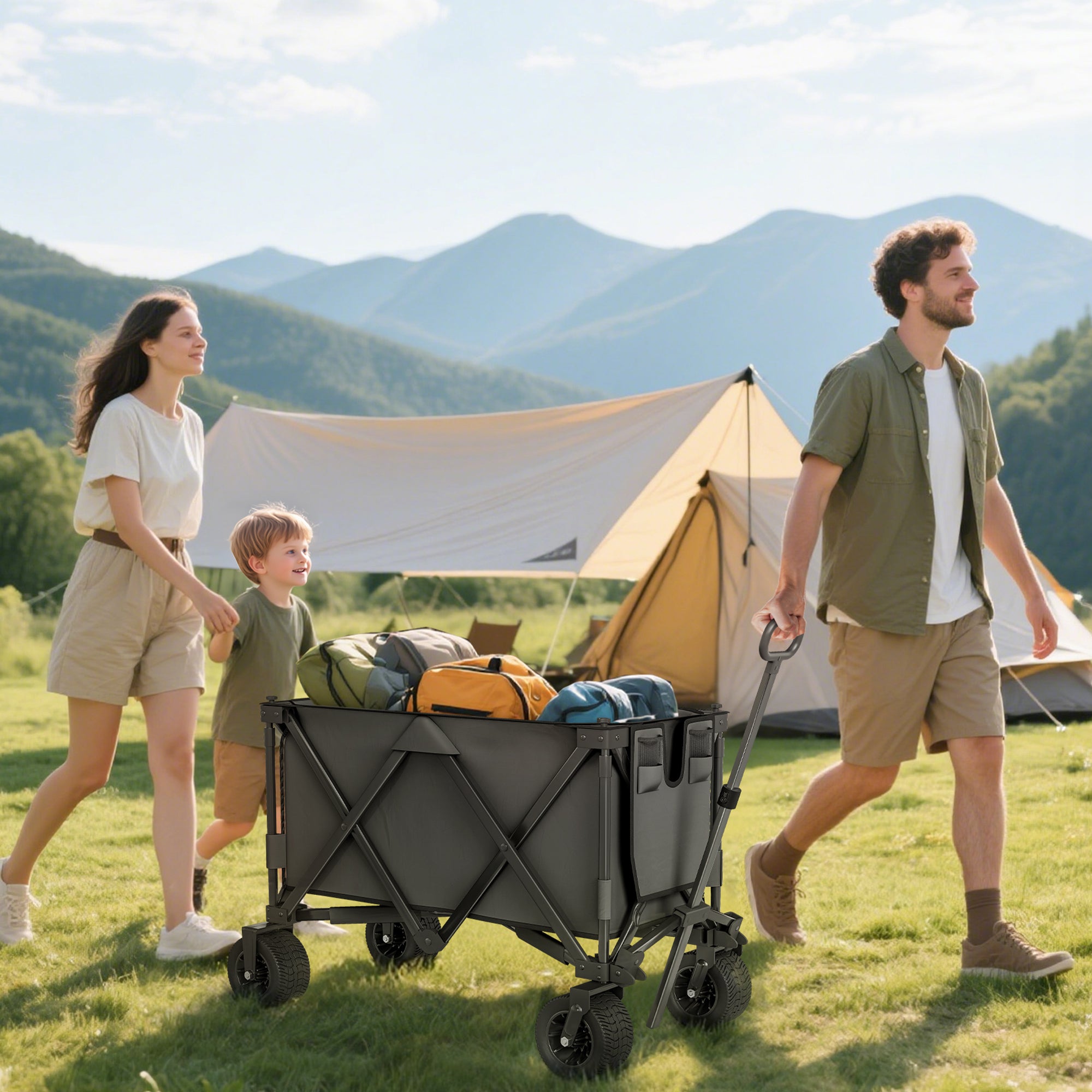 Outsunny Folding Garden Trolley, Cargo Traile on Wheels, Collapsible Camping Trolley, Outdoor Utility Wagon, Dark Grey