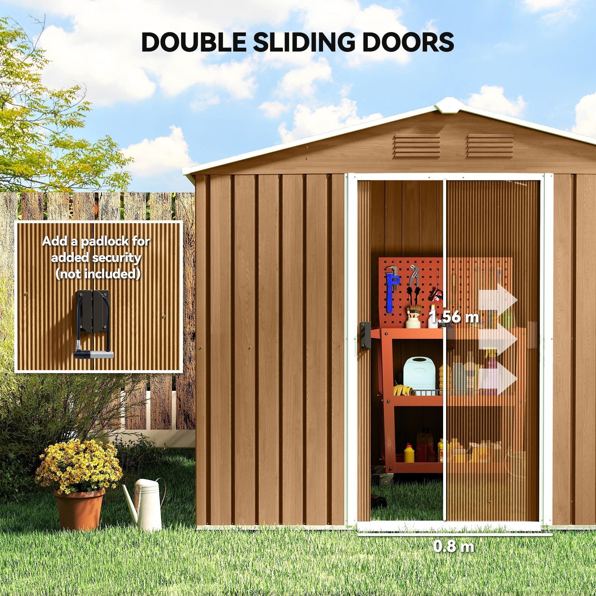 Outsunny 8x6 Metal Storage Shed Galvanised Steel Frame with Sloped Roof & Double Door for Homeowners, Brown