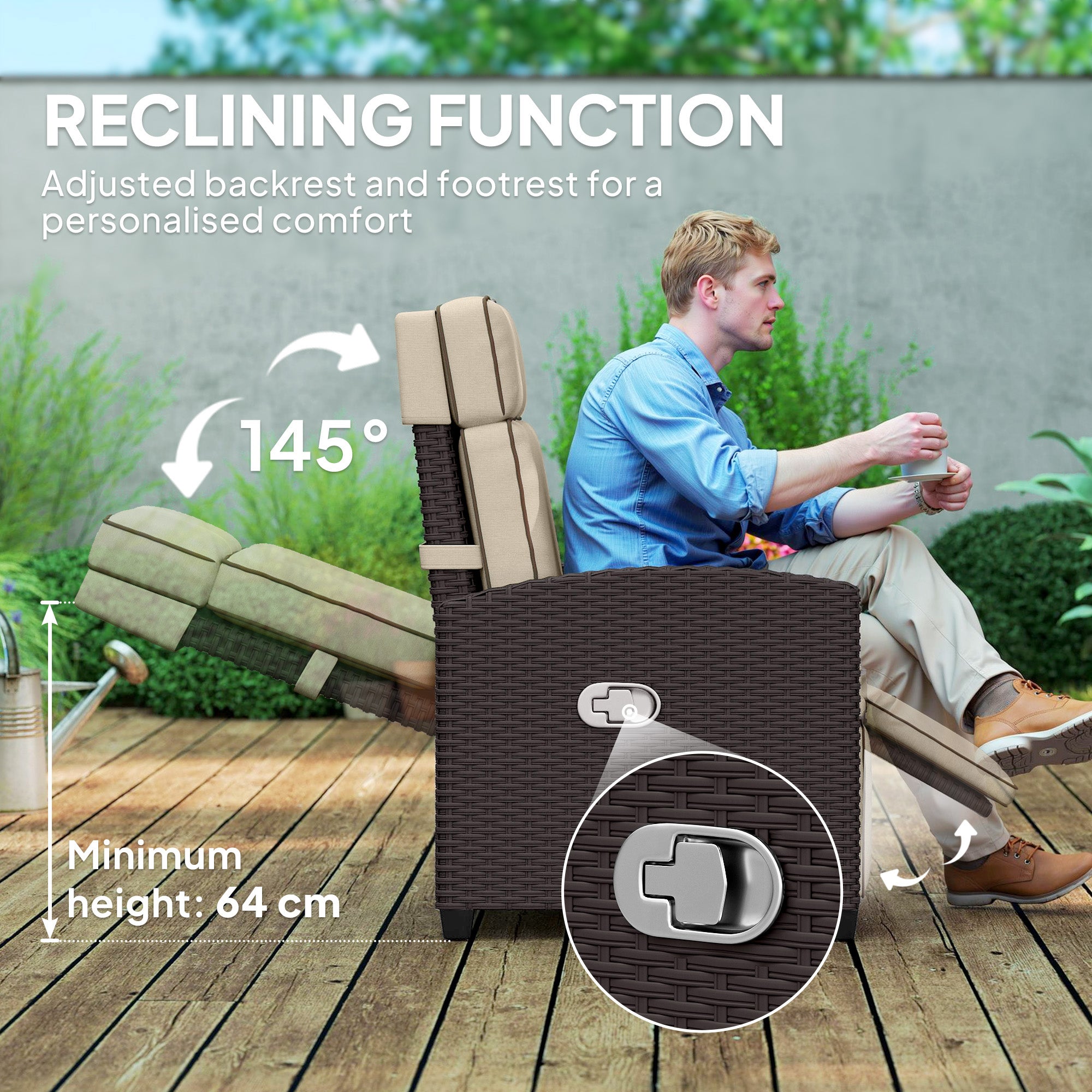 Outsunny 145√Ç¬∞ Reclining Rattan Armchair, with Footrest - Brown/Khaki