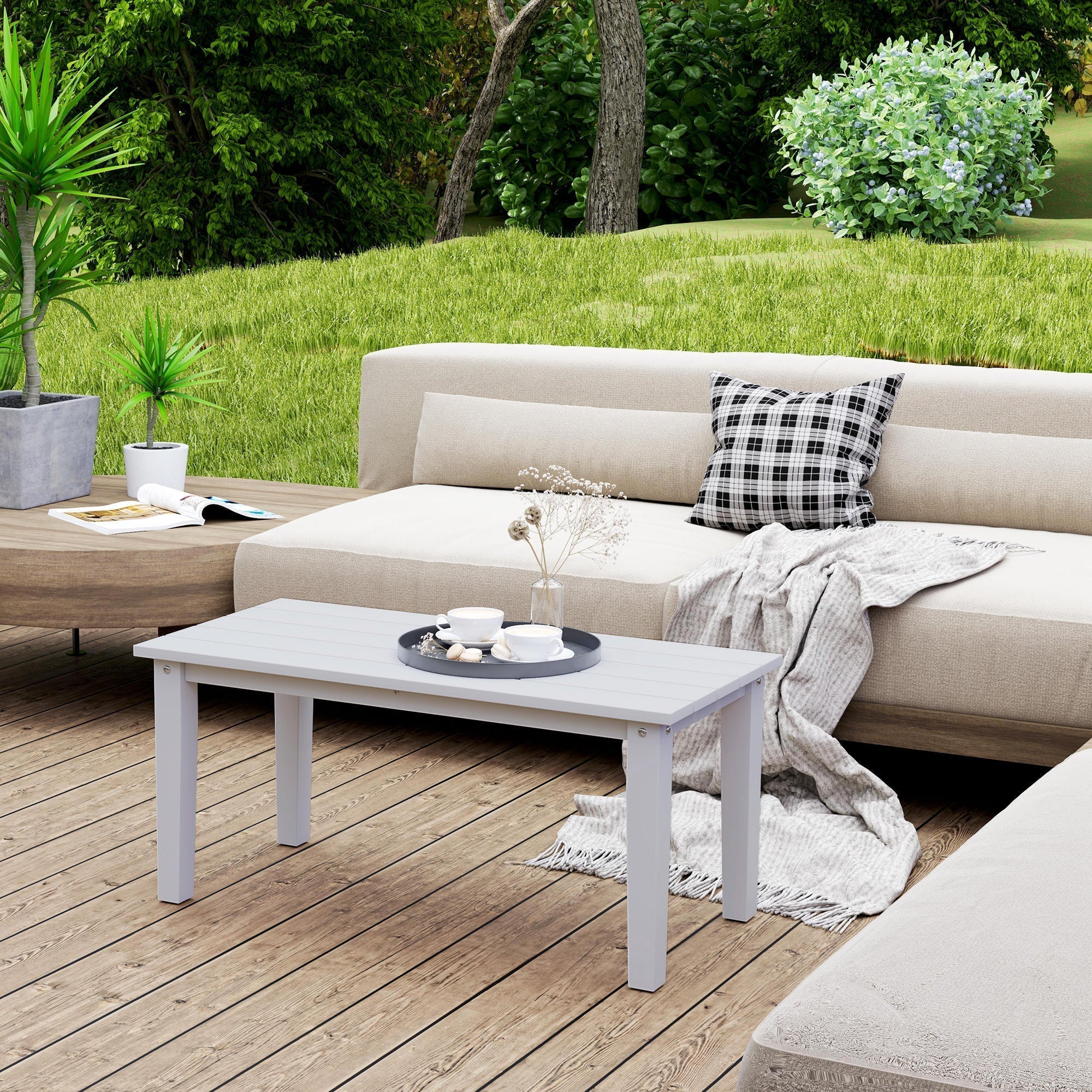 Outsunny Outdoor Garden Coffee Table, HDPE All-Weather Rectangular Outdoor Garden Table with Slatted Tabletop for Patio, Balcony, 91 x 44 x 42 cm, White