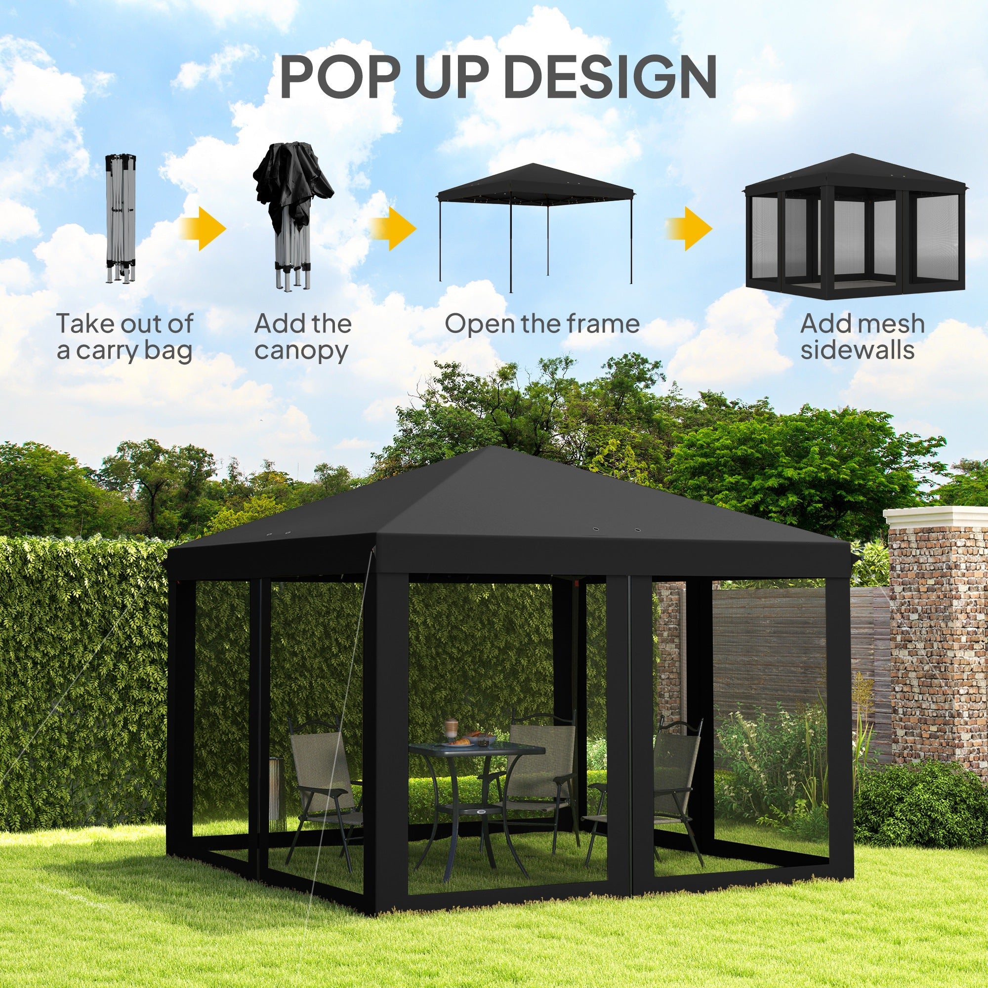 Outsunny 3 x 3Êm Pop Up Gazebo, 420D Garden Tent Canopy with Removable Mesh Sidewall Netting, Carry Bag for Garden Patio Outdoor, Black