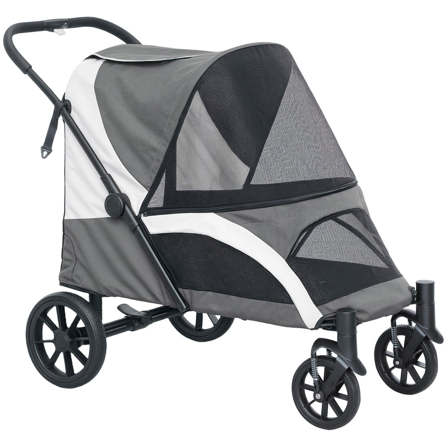 PawHut Foldable Pet Stroller for Large Dogs with 4 Big Wheels, Shock-Absorbing Frame, Safety Leashes, Brakes, Dark Grey