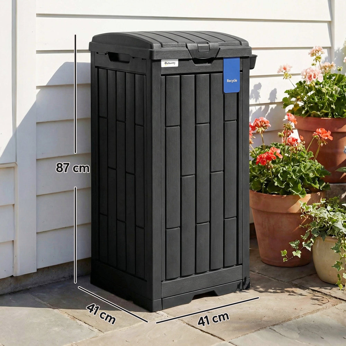Outsunny 110 L Outdoor Bin with Dual Lid, Waterproof Plastic Trash Bin with Ashtray and Drip Tray, Garden Waste Trash Bin, Black