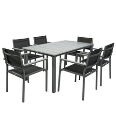 Outsunny Garden Dining Set with Acacia Wood Table Top, Outdoor Table and Stackable Chairs Set for 6 with Texteline Seat, for Patio, Conservatory, Terrace, Grey