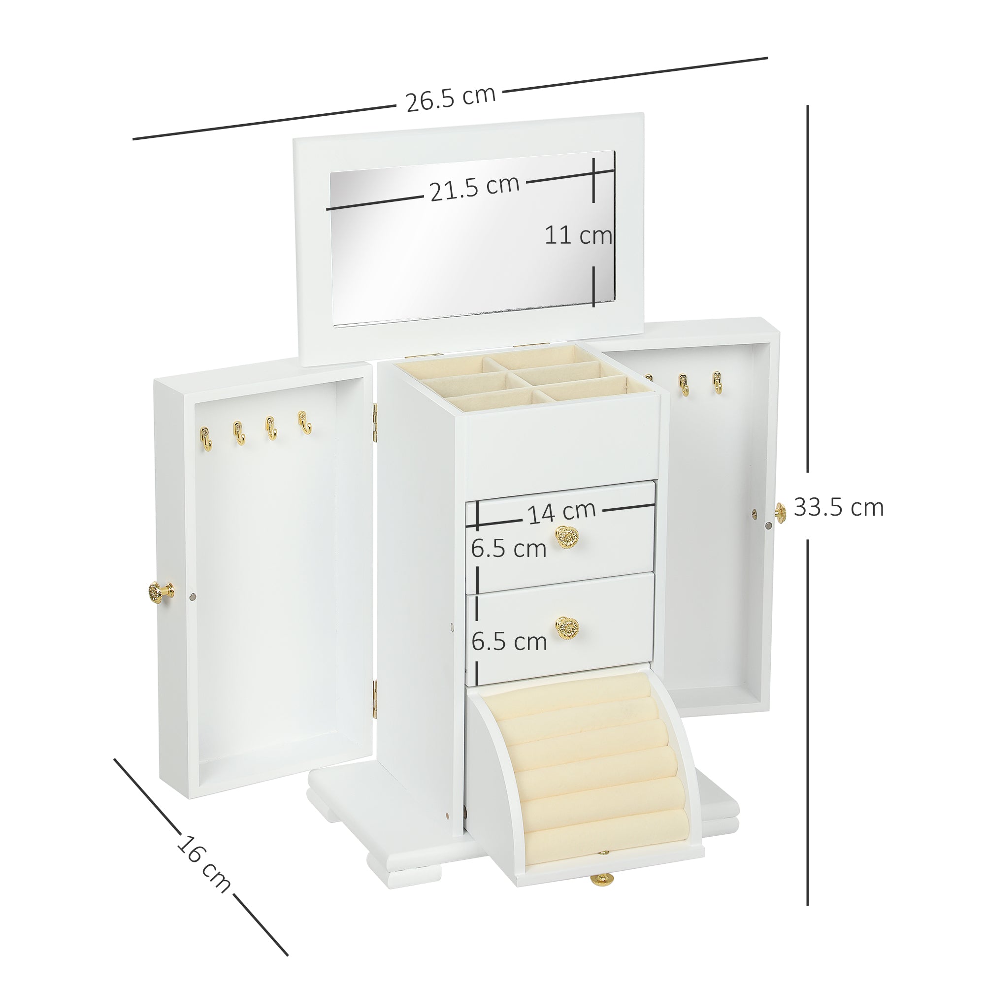 HOMCOM 4-Tier Jewellery Box with Mirror and 2 Drawers - White