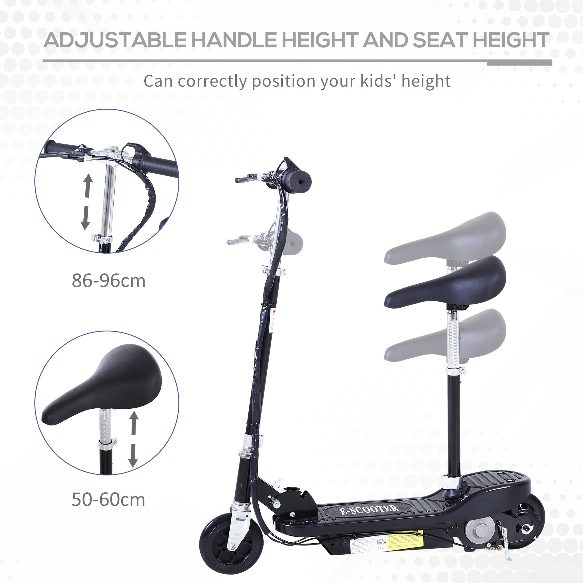 HOMCOM Powered E-Scooter Ride-On, with Brakes, Adjustable Seat, Adjustable Handlebars, Black