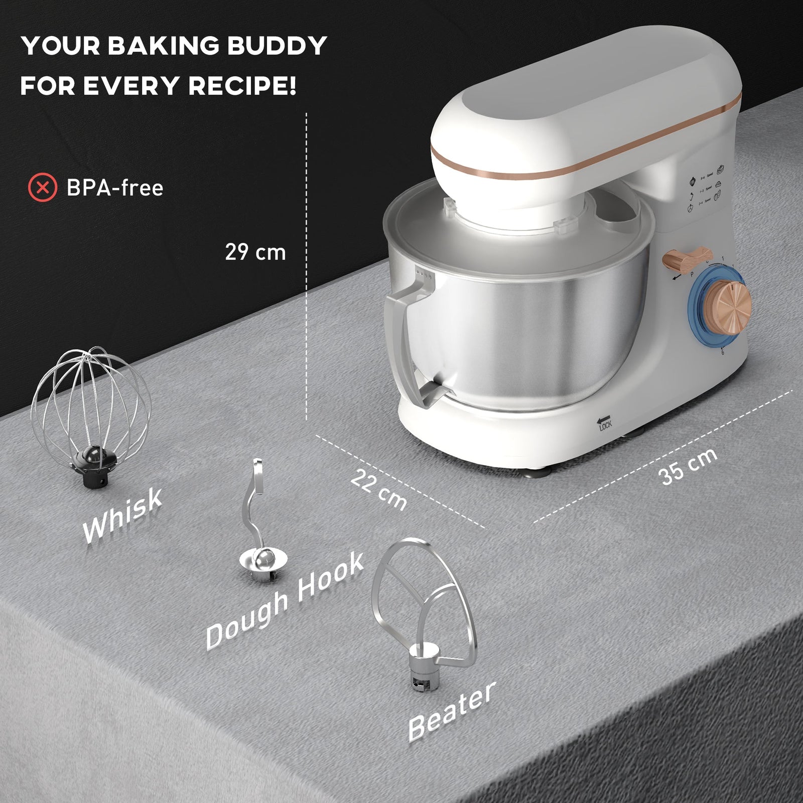 HOMCOM 1300W Kitchen Stand Mixer, with Accessories - White