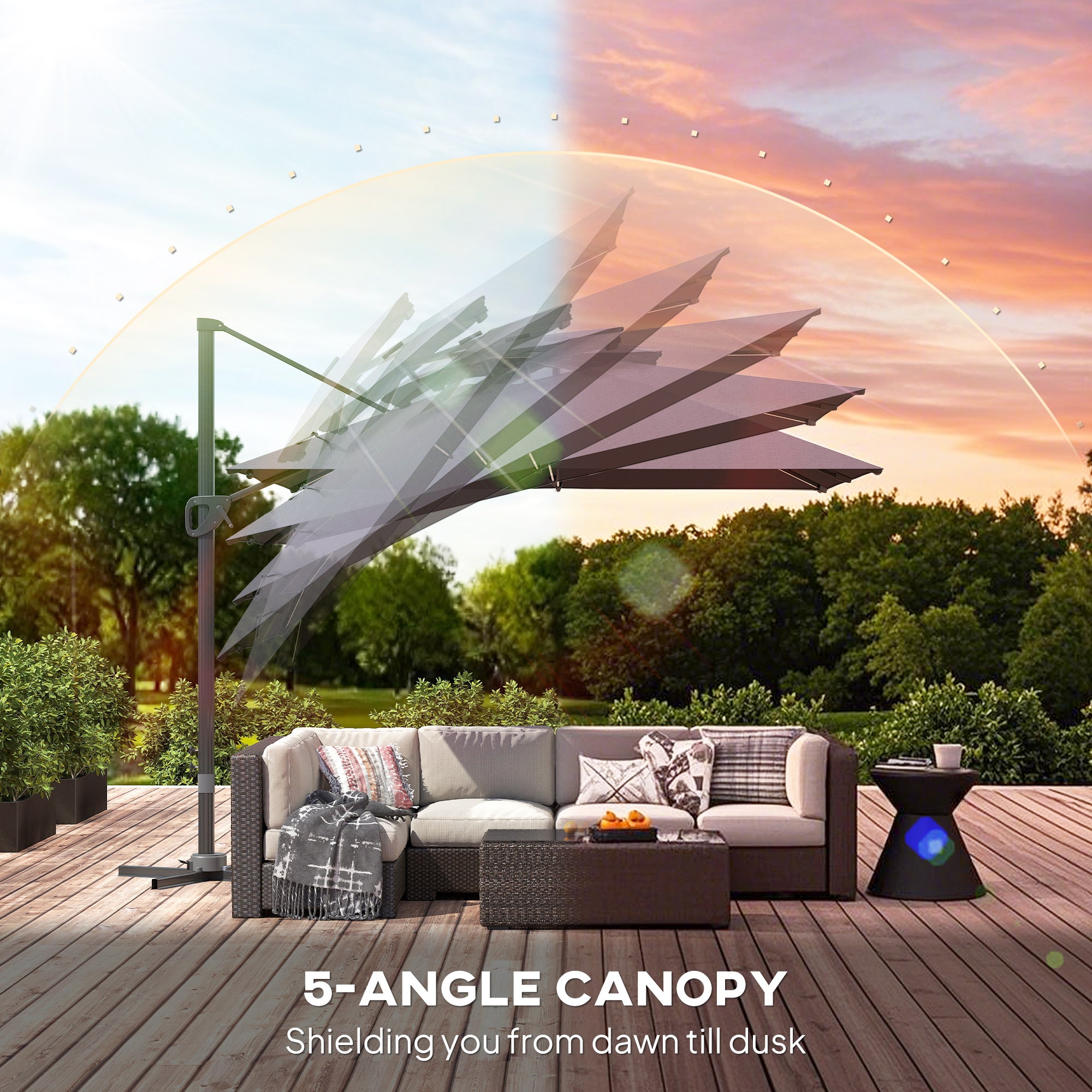 Outsunny 3.5x3 m Garden Cantilever Parasol with Solar LED Lights and Centre Light, Aluminium Large Square Patio Umbrella, UPF50+ Hanging Sun Shade with Cross Base, Crank Handle and Tilt, Grey