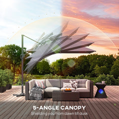 Outsunny 3.5x3 m Garden Cantilever Parasol with Solar LED Lights and Centre Light, Aluminium Large Square Patio Umbrella, UPF50+ Hanging Sun Shade with Cross Base, Crank Handle and Tilt, Grey