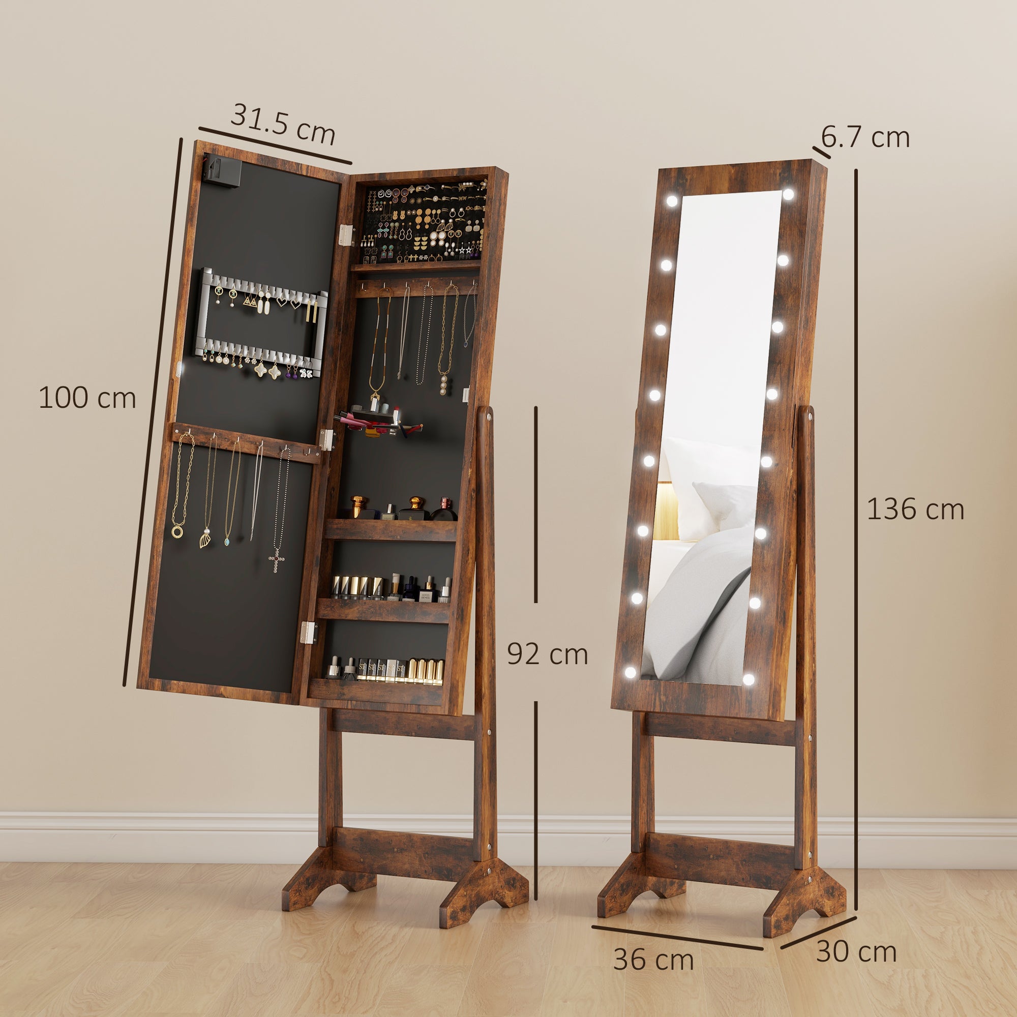 HOMCOM Freestanding Mirror Jewelry Cabinet with LED Lights, Jewellery Organiser with 3 Angle Adjustable, Full-Length Mirror with Storage for Earrings, Necklaces, Rings and Lipsticks, Rustic Brown