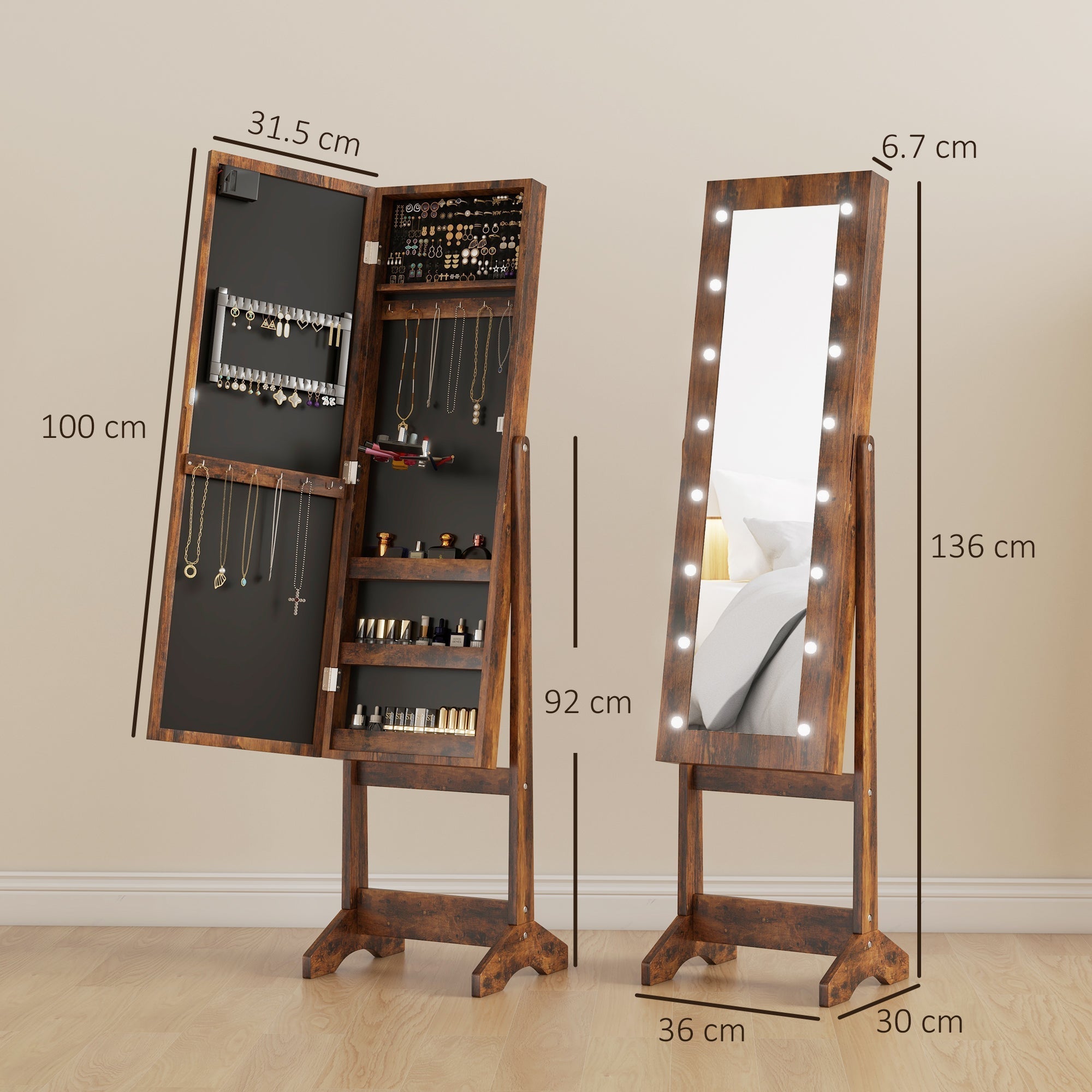 HOMCOM Freestanding Mirrored Jewellery Storage Cabinet - Wood-Effect