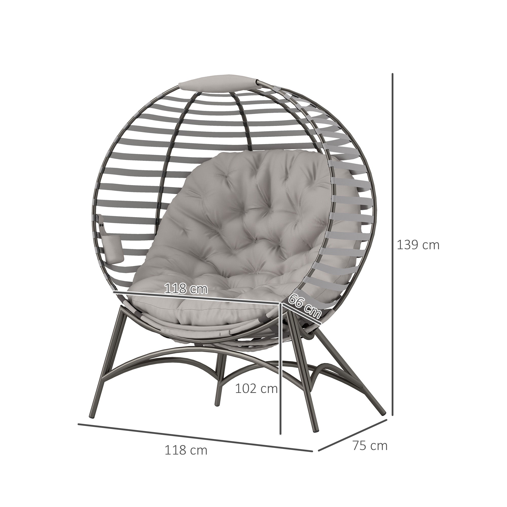 Outsunny Egg Chair with Cushion & Side Pocket - Light Grey