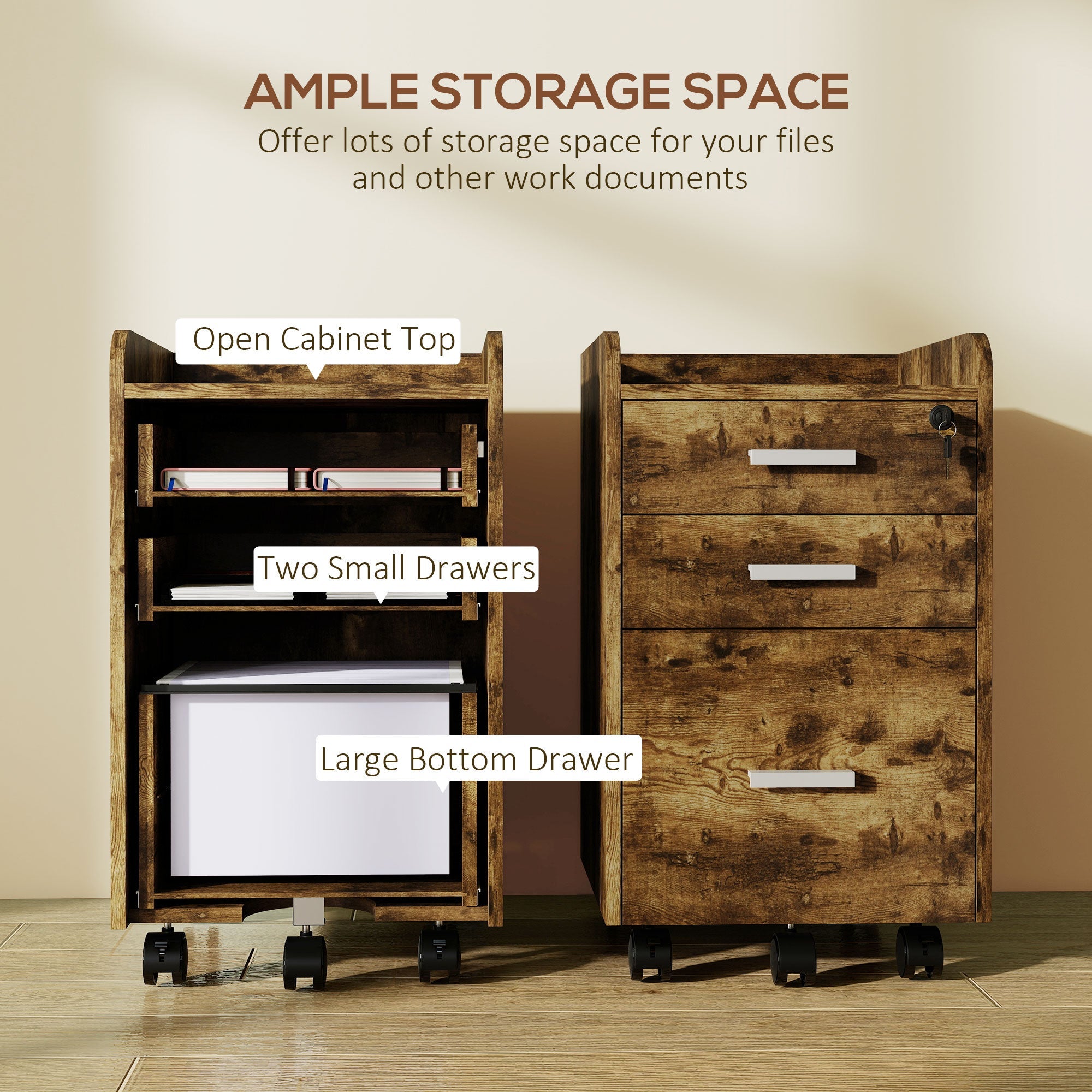 HOMCOM 3 Drawer Filing Cabinet with Lock, Rolling File Cabinet with Edged Top for Letter, A4 Size, Hanging File Folders