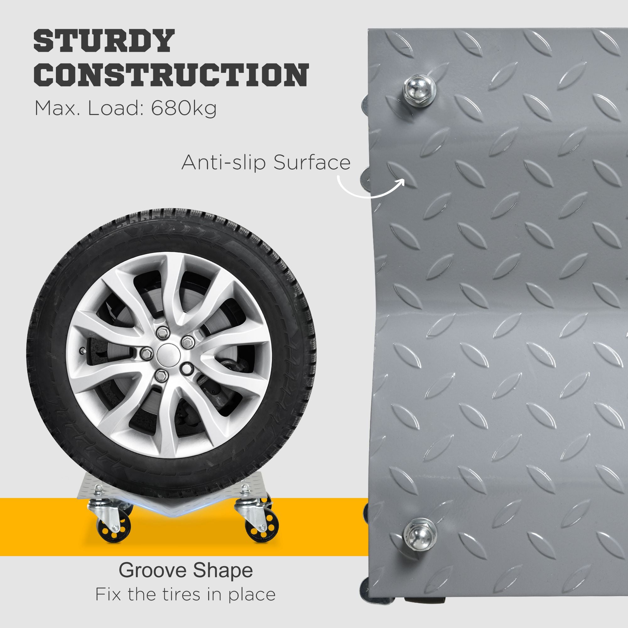 DURHAND Two-Piece Car Wheel Dolly with Swivel Casters, Non-Slip Metal Plates, 680kg Capacity, Grey