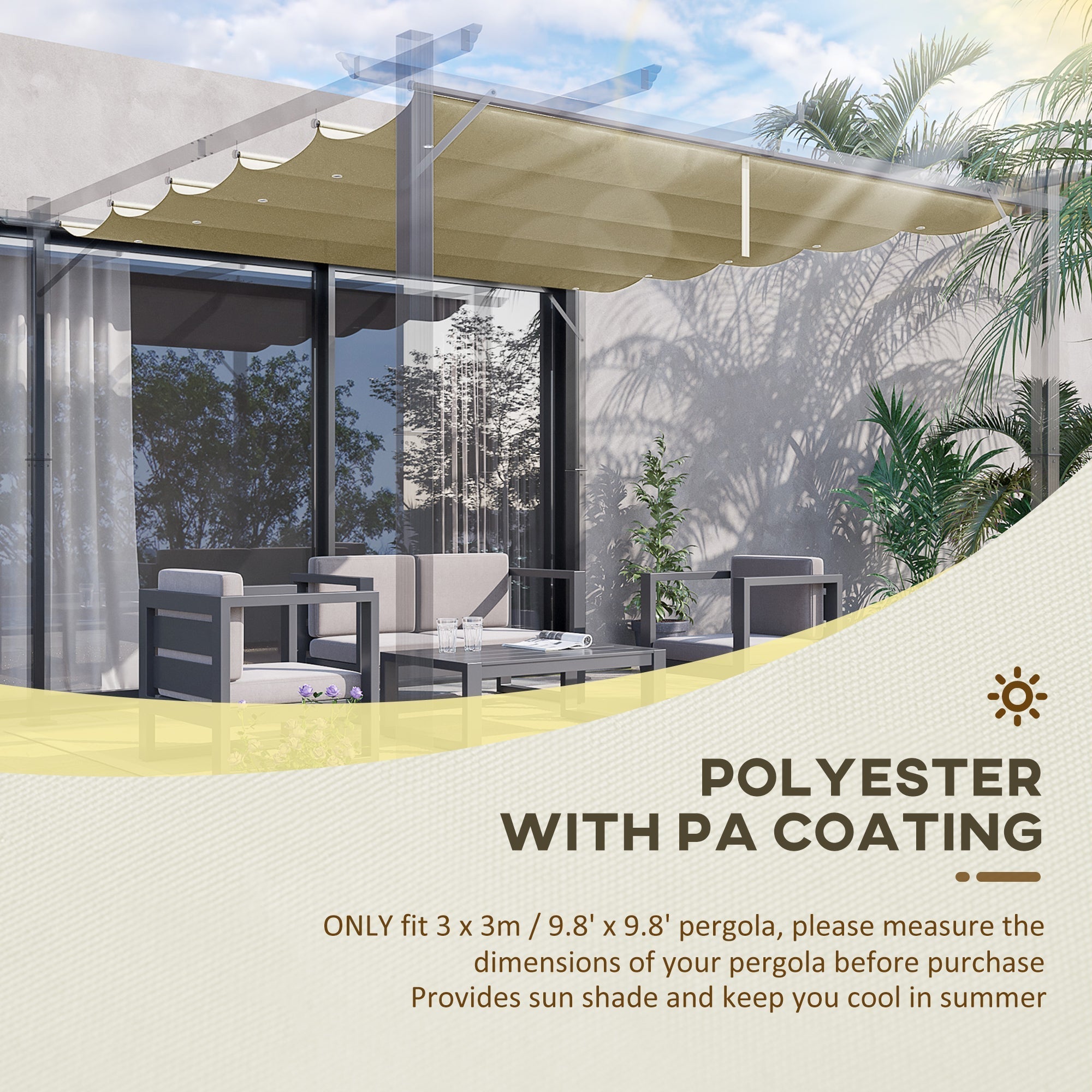 Outsunny Retractable Pergola Cover, 2.55 x 2.5 m Replacement Canopy Fabric for 3 x 3 m Frame, Roof Top Only, Beige