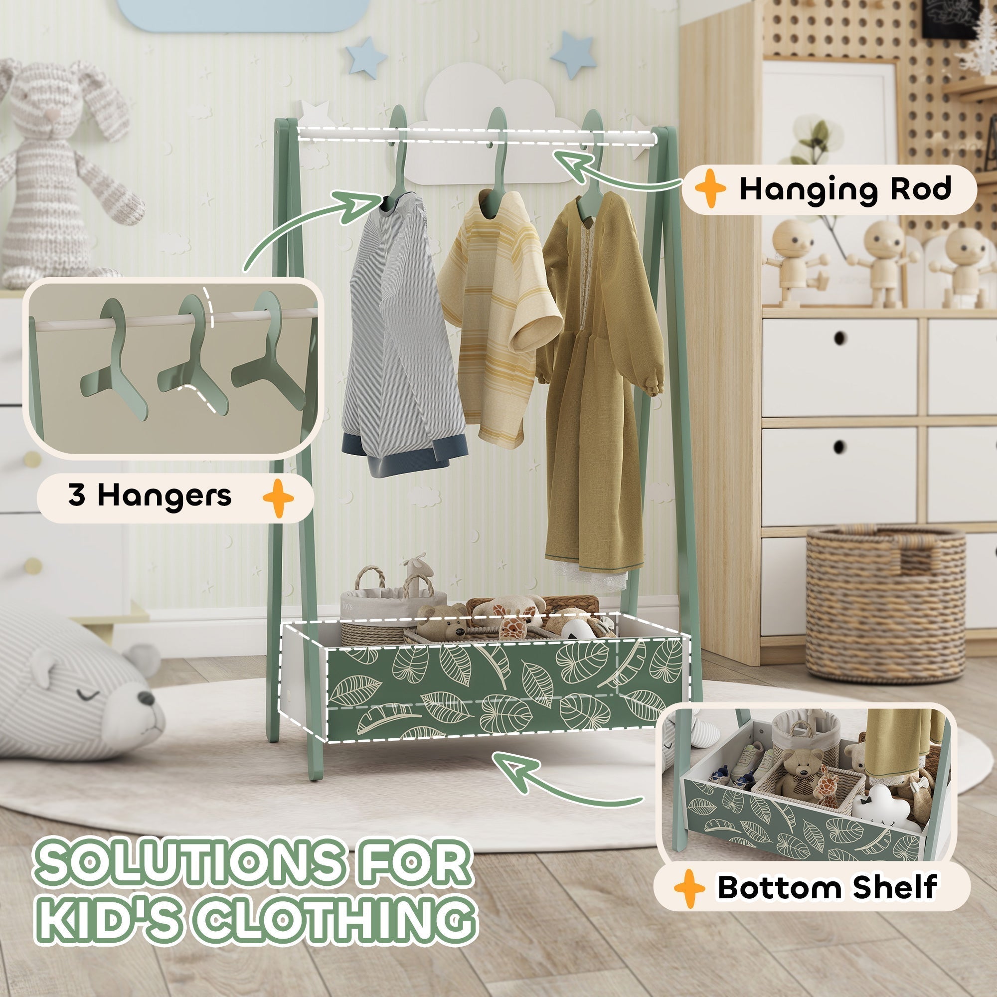 AIYAPLAY Baby Clothing Rack with Hangers, Storage Shelf for Bedroom, Leaf Theme, for Ages 3-6, Green
