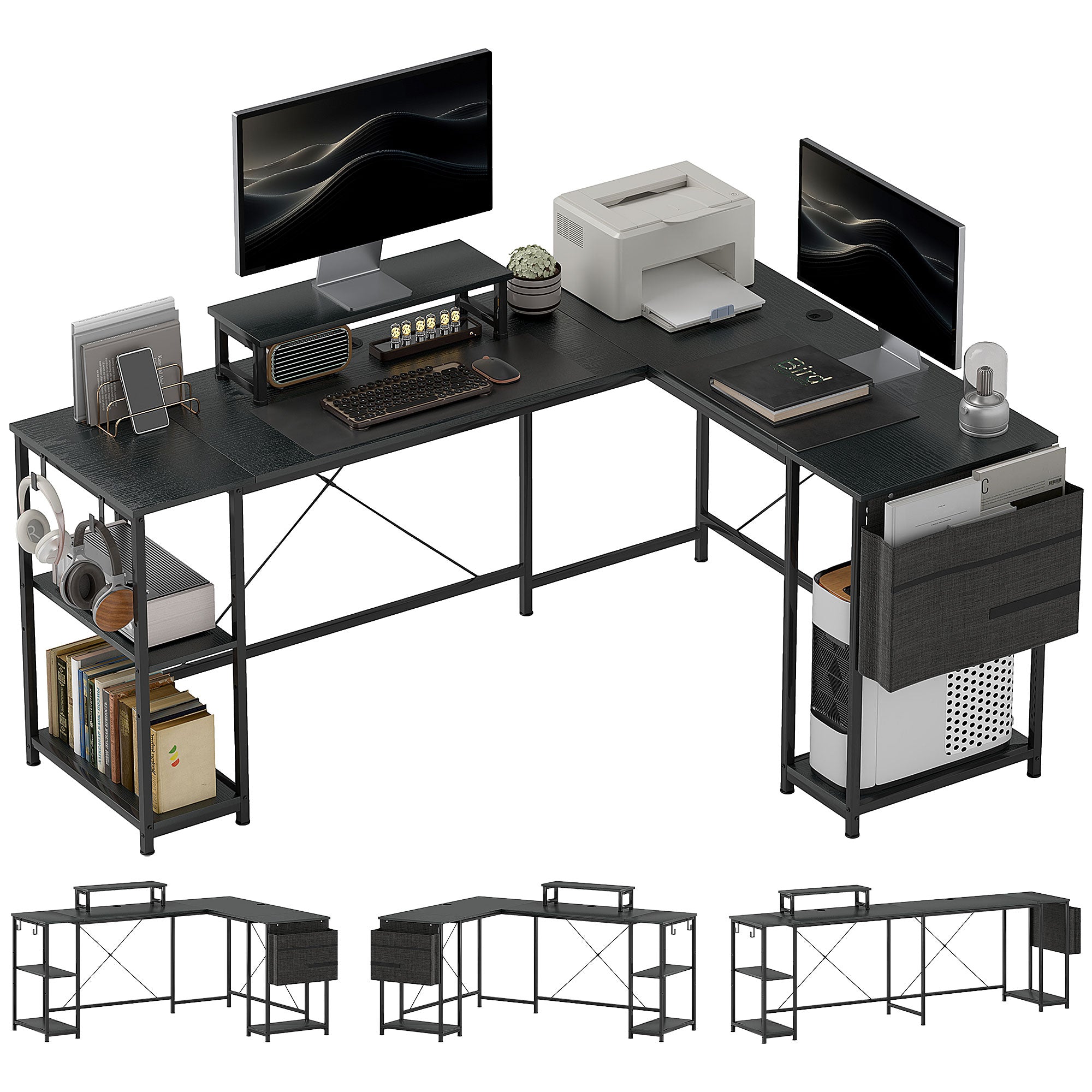 HOMCOM 168cm Reversible L Shaped Desk, Industrial Corner Computer Desk with Adjustable Shelf and Storage Bag, 240cm 2 Person PC Table with Monitor Stand, Black
