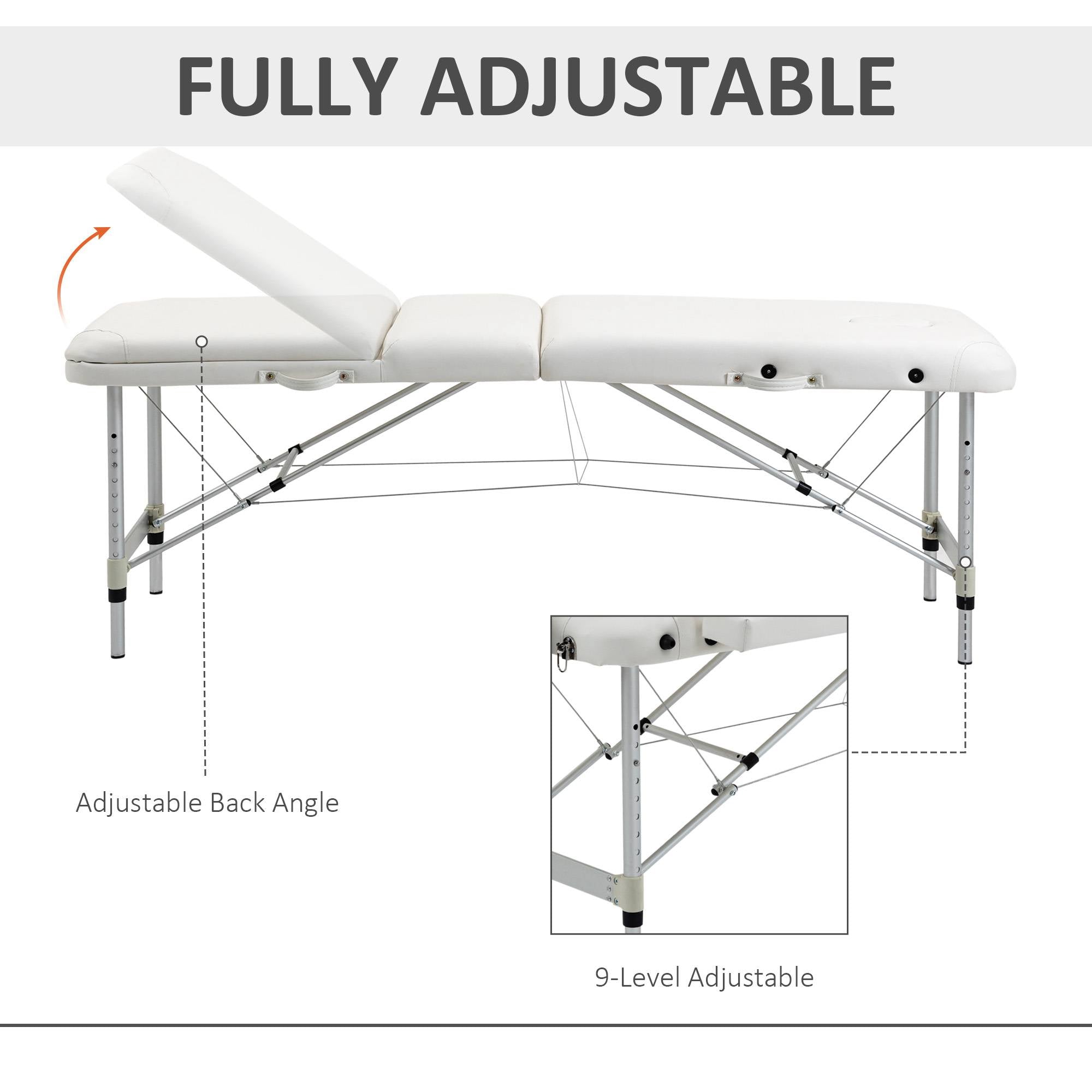 HOMCOM Foldable Massage Bed Portable Table, 3-Section Aluminium Foldable Beauty Couch, Professional Salon Spa Table with Headrest Support and Carry Bag, 81 cm Width, White