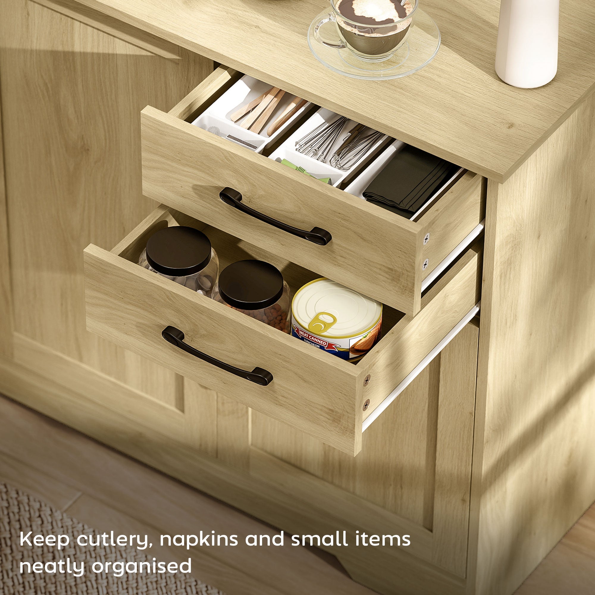 HOMCOM Sideboard with 2 Drawers Modern Storage Cabinet, Kitchen Cupboard with Adjustable Shelf and 3 Doors Natural