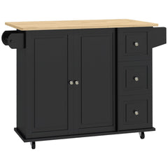 HOMCOM Kitchen Island with Drop Leaf, Rolling Kitchen Storage Trolley on Wheels with 3 Drawers, Black