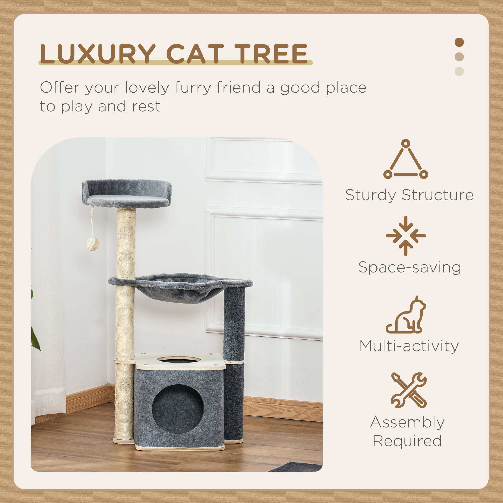 PawHut Cat Tree for Indoor Cats 95cm Climbing Tower Kitten Activity Center with Sisal Scratching Post Perch Roomy Condo Hammock Removable Felt Hanging Toy, Grey