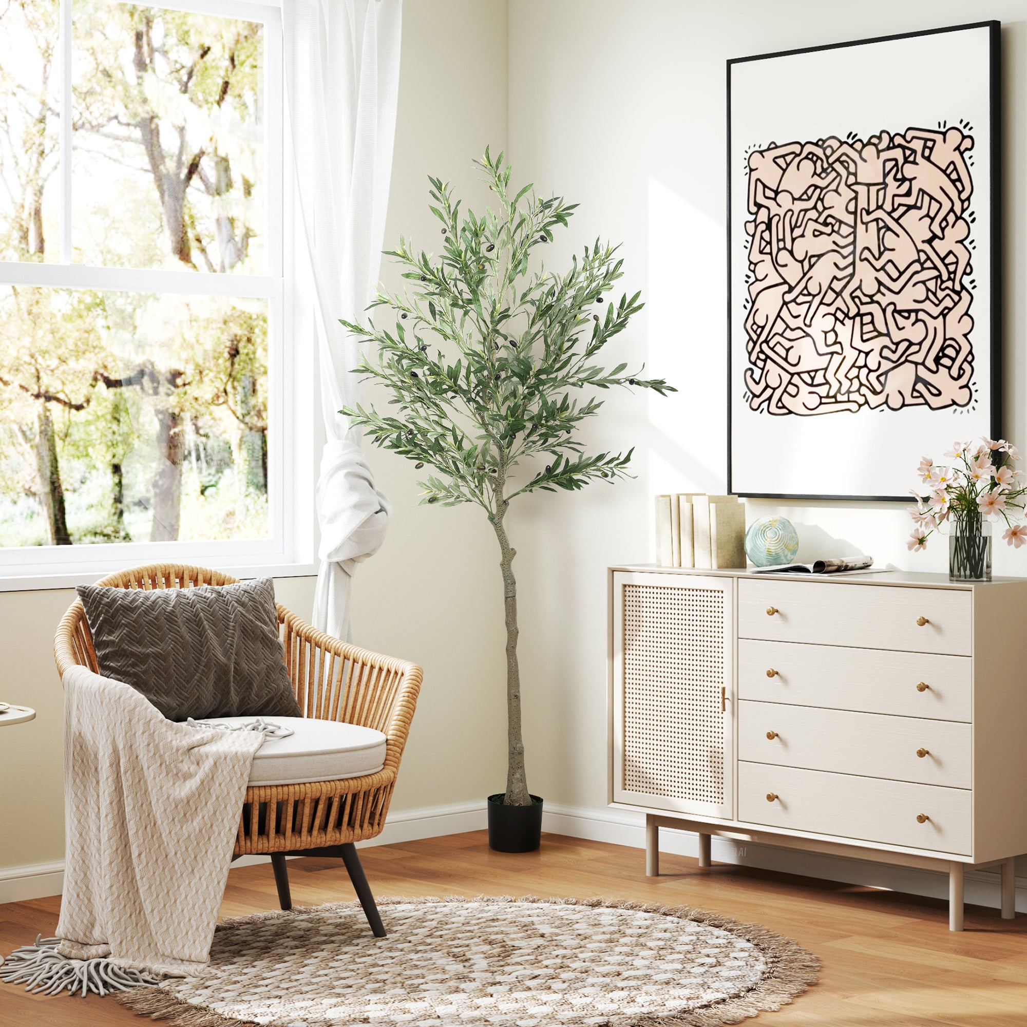 HOMCOM 6ft/ 180cm Decorative Artificial Plant, Silk Olive Tree with 900 Leaves and 40 Olive Fruits in Pot, Fake Plant for Home, Office, Living Room, Indoor Decor