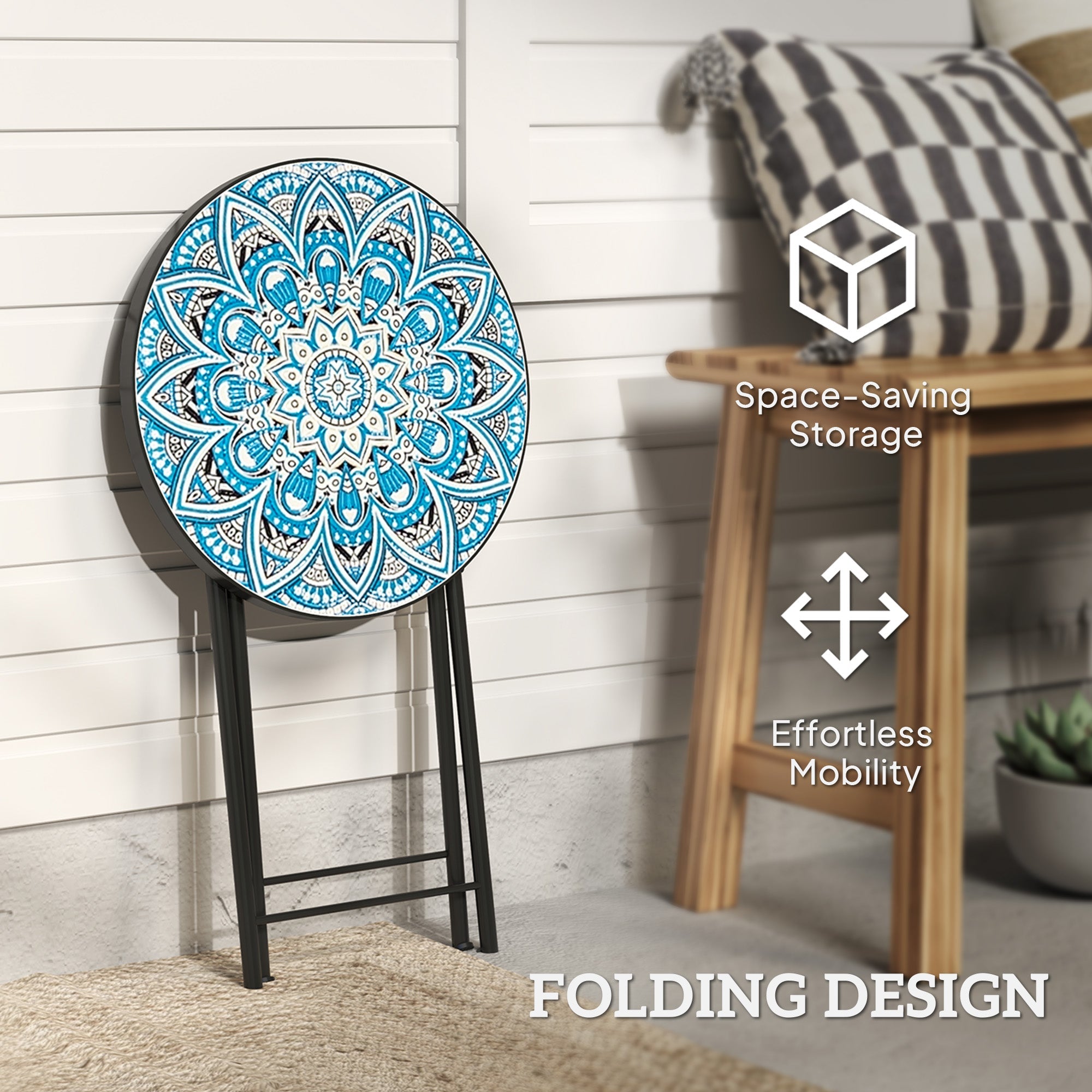 Outsunny Mosaic Outdoor Garden Table, 35.5cm Round Folding Coffee Table with Metal Frame for Balcony Terrace, Blue