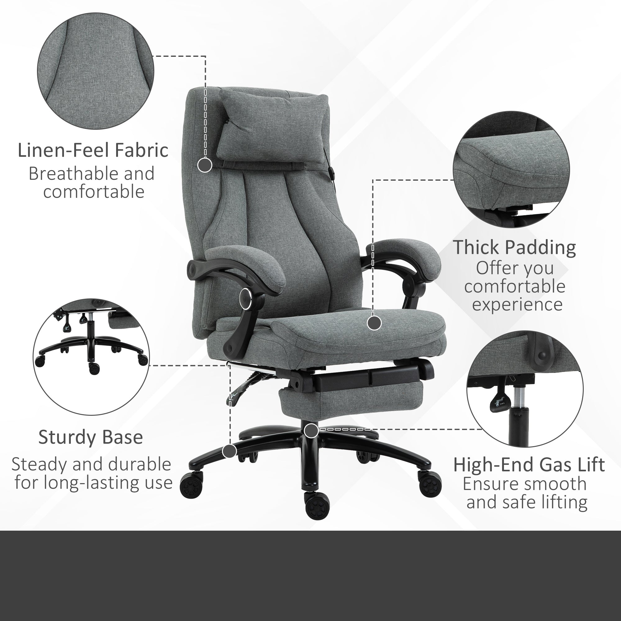 Vinsetto Office Chair, Fabric Desk Chair with Adjustable Massage Pillow, USB Power and Retractable Footrest, High Back, 360√Ç¬∞ Swivel, for Home, Grey