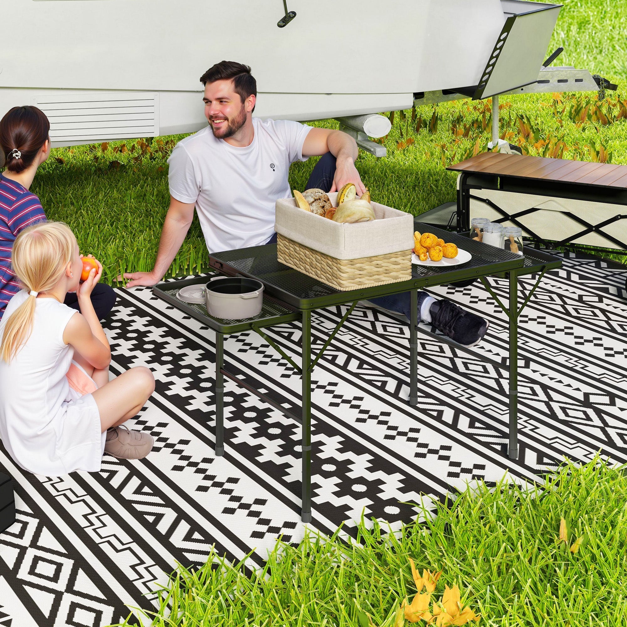 Outsunny Folding Grill Table, 4.5ft Portable Camping Table with 2 Wing Panels, Height Adjustable Metal Picnic Table for Camping, Picnic and BBQ, Black
