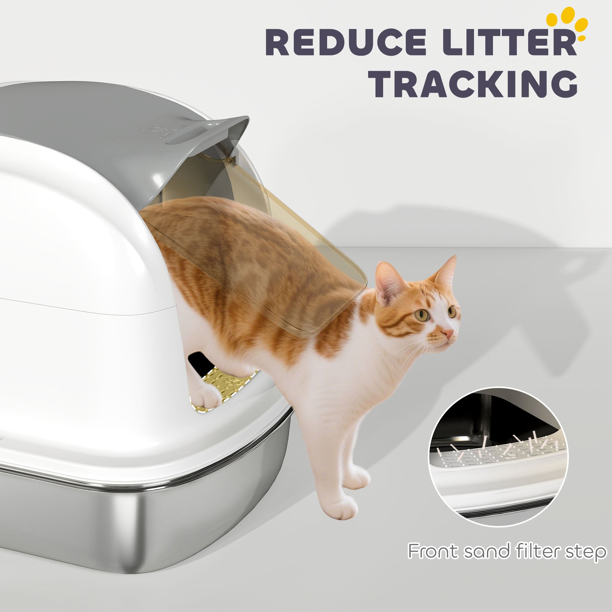 PawHut Stainless Steel Cat Litter Box with Lid, for Cats, Enclosed Cat Litter Box with Flip Cover, Scoop