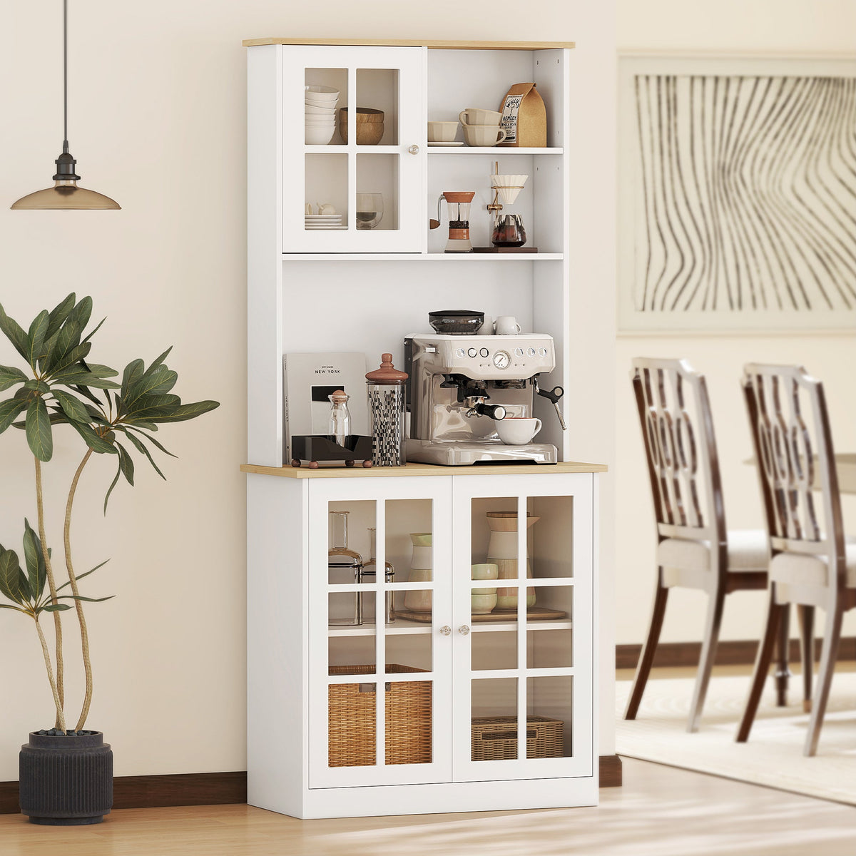 HOMCOM Freestanding Kitchen Cupboard, Tall Storage Cabinet with Doors and Adjustable Shelves, Counter Top, Grid Glass Doors, 80L x 37W x 183H cm - White