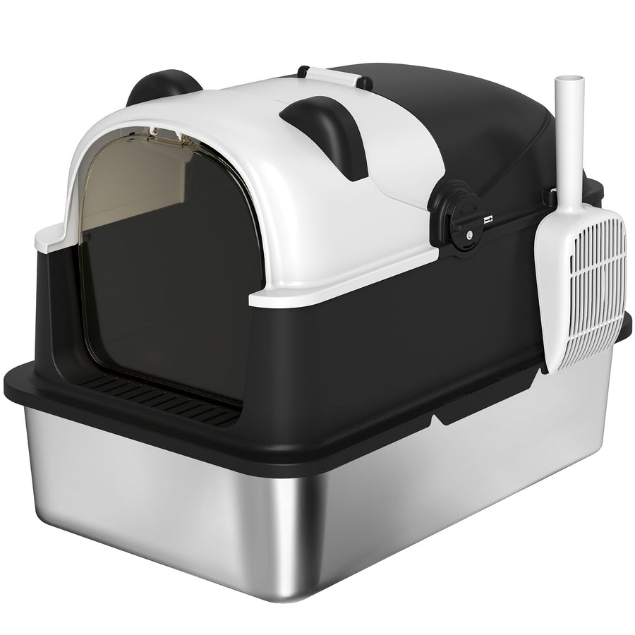 PawHut Panda Style XL Stainless Steel Cat Litter Box with Lid, Enclosed Kitty Litter Box with Scoop, 60 x 40 x 45 cm