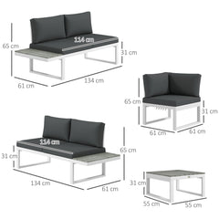 Outsunny 4 Pieces Garden Furniture Set, 5-Level Reclining Garden Corner Sofa Set, Outdoor Lounge Conversation Sectional with Cushions, Wood Effect Plastic Table, White Frame & Grey Cushion