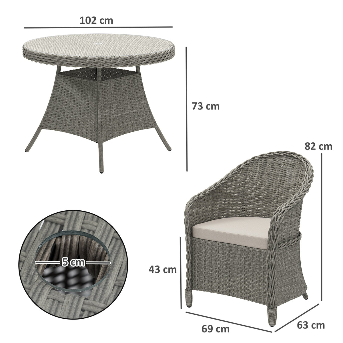 Outsunny 4 Seater Rattan Garden Furniture Set with Cushions, Round PE Rattan Dining Set with Glass-Top Table, Umbrella Hole, Outdoor Garden Table and Chairs, Grey
