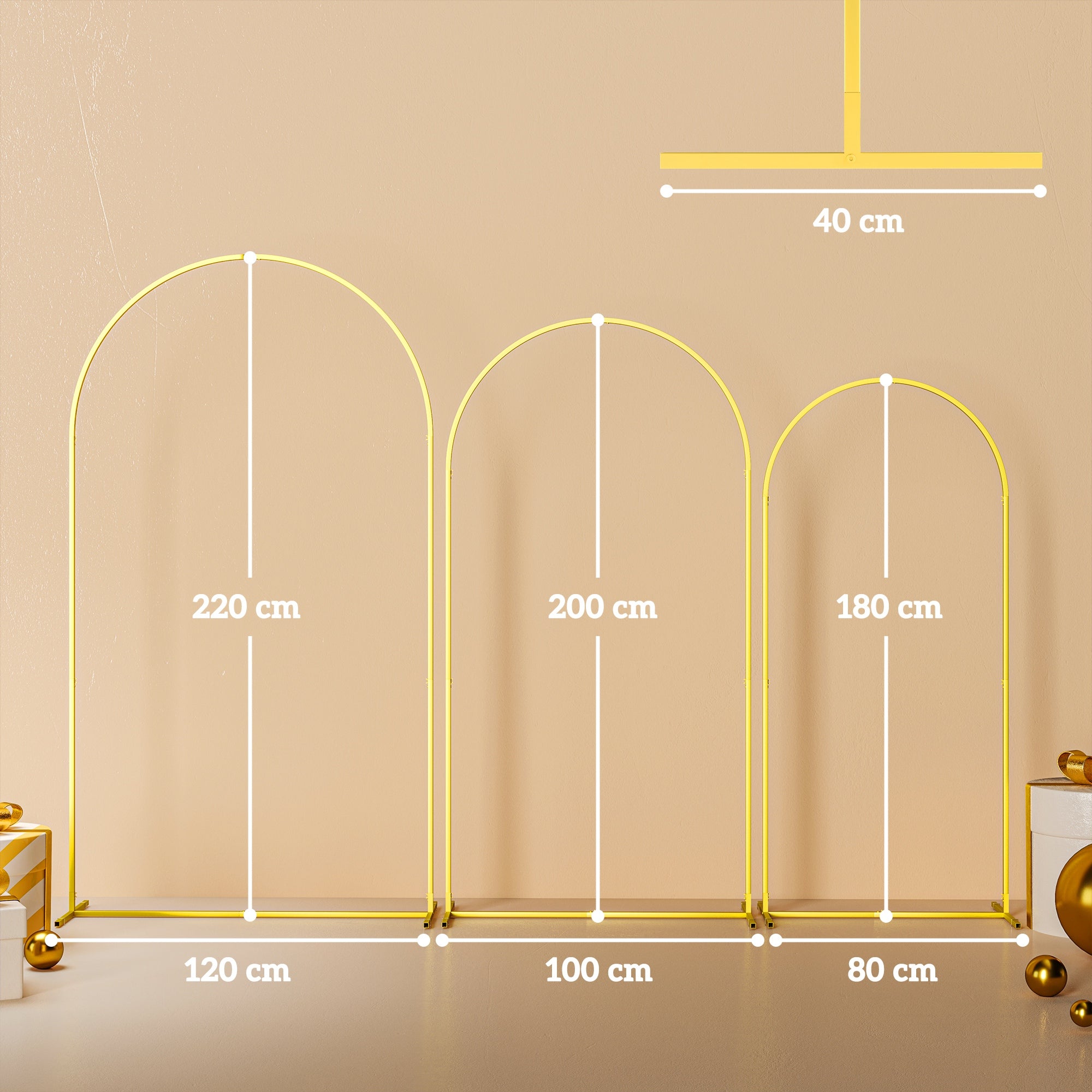 Outsunny Wedding Arch Frame Set, 2.2, 2, 1.8 m Metal Arch Backdrop Stand Set of 3, Balloon Arch Stand Set for Birthday Party, Bridal Shower, Graduation, Ceremony, Banquet Decorations, Gold Tone