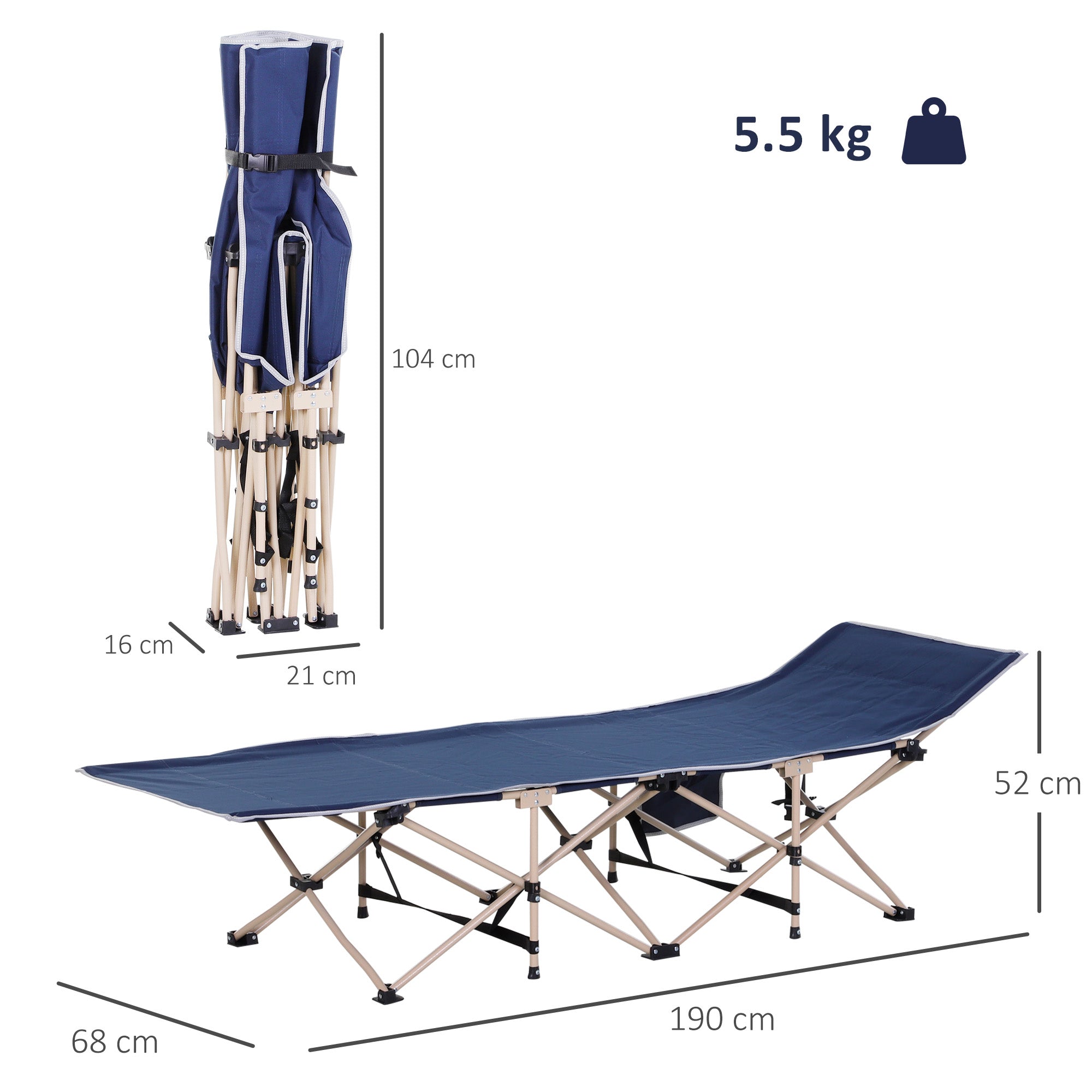 Outsunny Single Person Camping Bed Folding Cot Outdoor Patio Portable Military Sleeping Bed Travel Guest Leisure Fishing with Side Pocket and Carry Bag - Blue